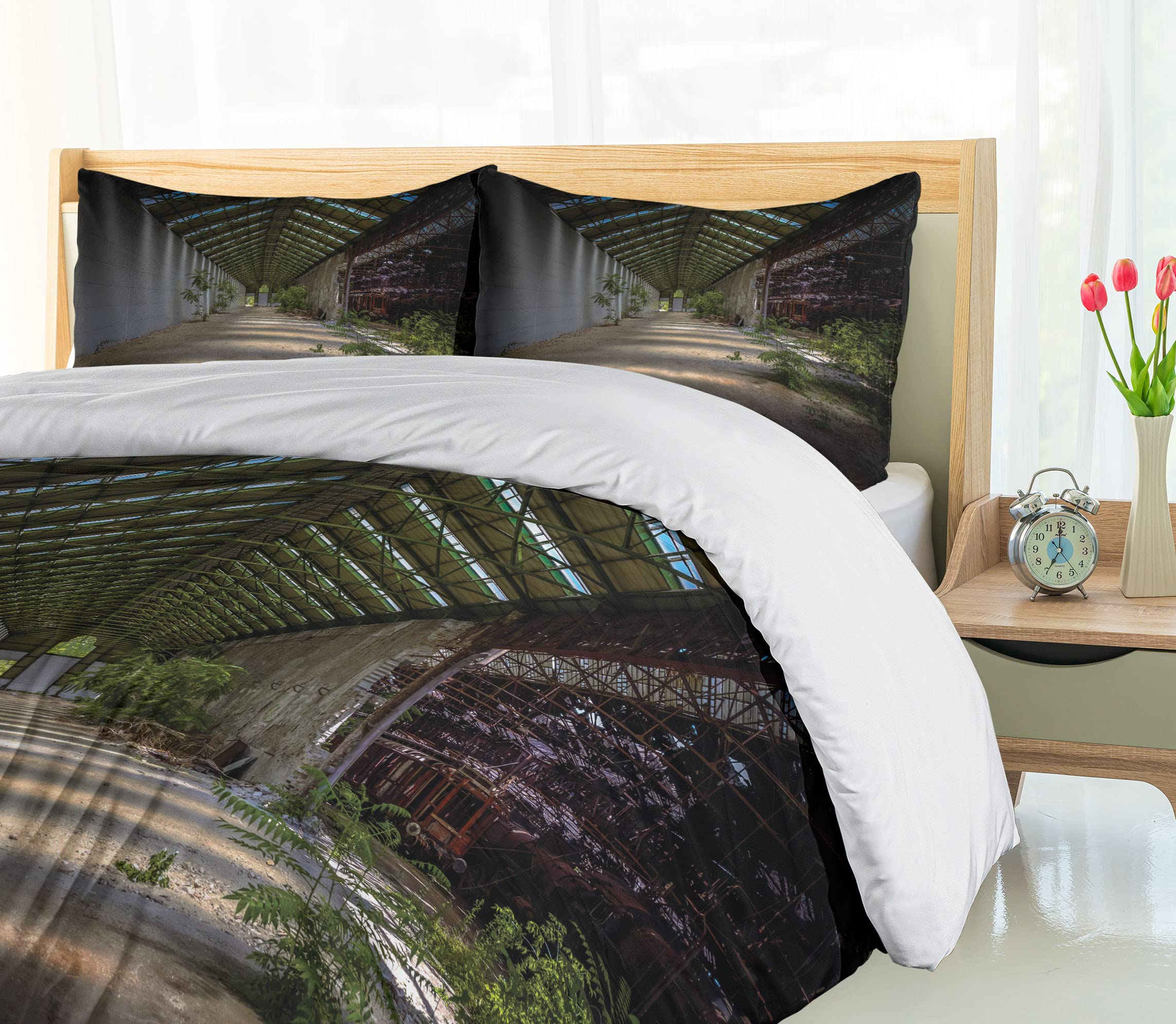 **Ambesonne Rustic Duvet Cover Set - Industrial Greenhouse & Urban Nature Print, 3-Piece Bedding Set with 2 Pillow Shams, California King, Grey Green - Perfect for Farmhouse, Boho & Modern Bedroom Decor**