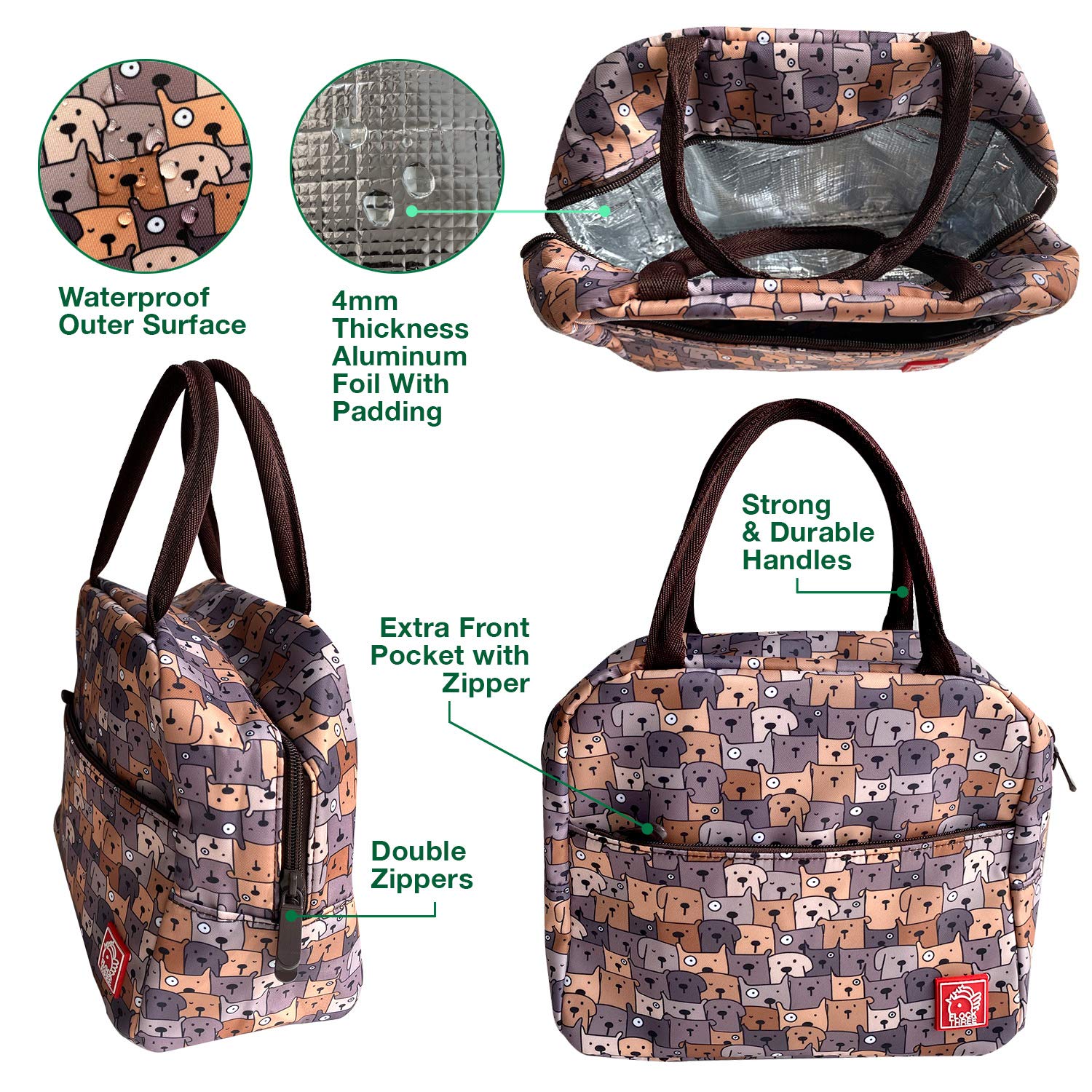FLOCK THREE Insulated Reusable Lunch Bag - Waterproof Food Container with Front Padded Pocket & Double Zippers for Men, Women & Kids - Perfect for Work, School, Picnics & Outdoor Activities