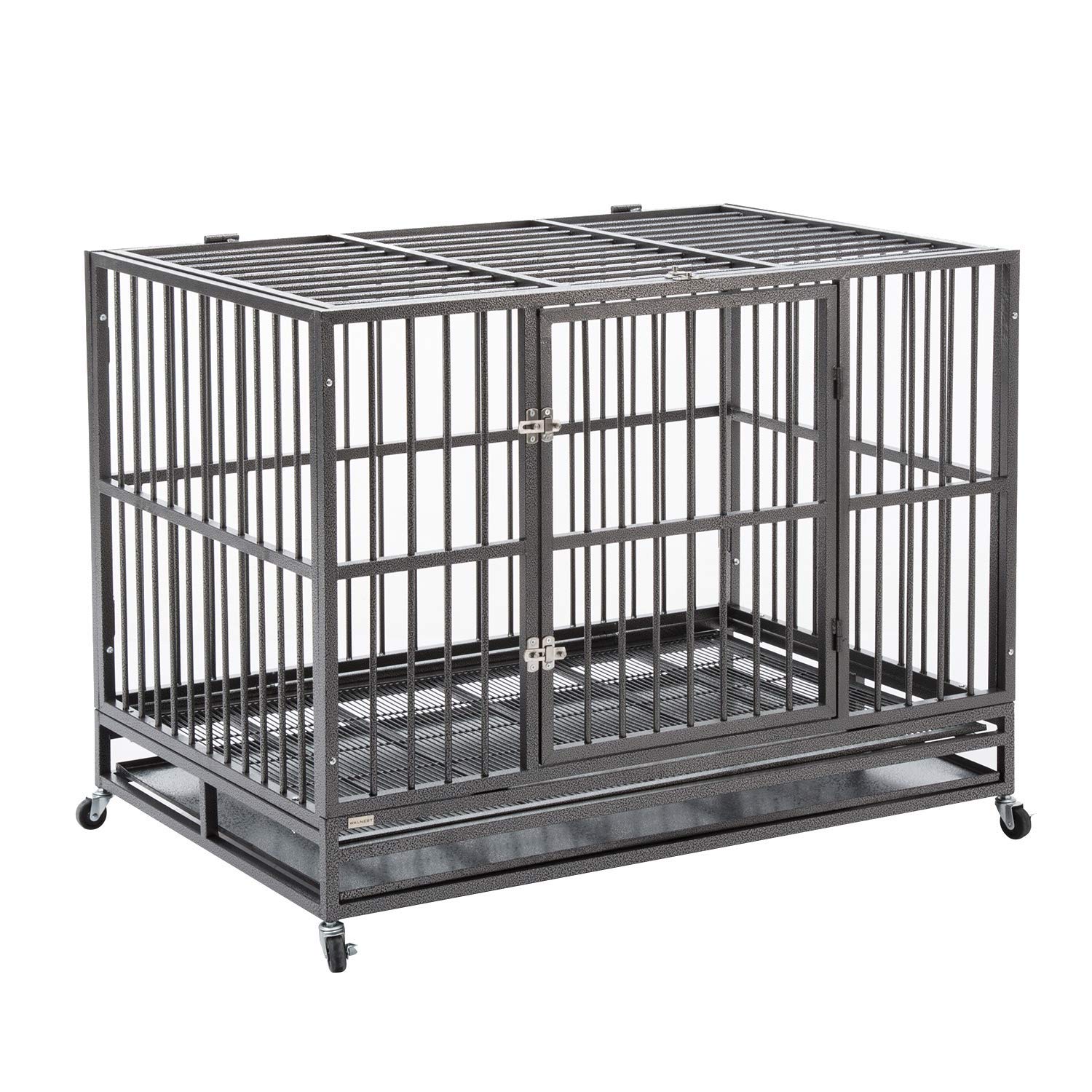 48 Inch Heavy Duty Dog Crate for Large Dogs - Lockable Wheels & Removable Tray - High Anxiety Relief Double Door Kennel - Silver | Perfect for Home, Travel & Vet Visits