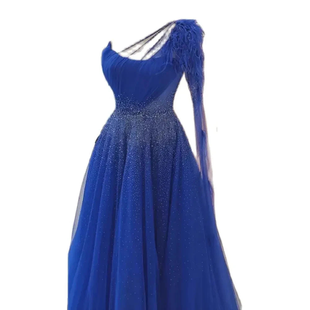 Elegant One Shoulder Evening Dress with Feathers & Beading - Blue A-Line Gown for Women | Wedding, Party & Special Occasions | Serene Hill Collection 2025 LA72257