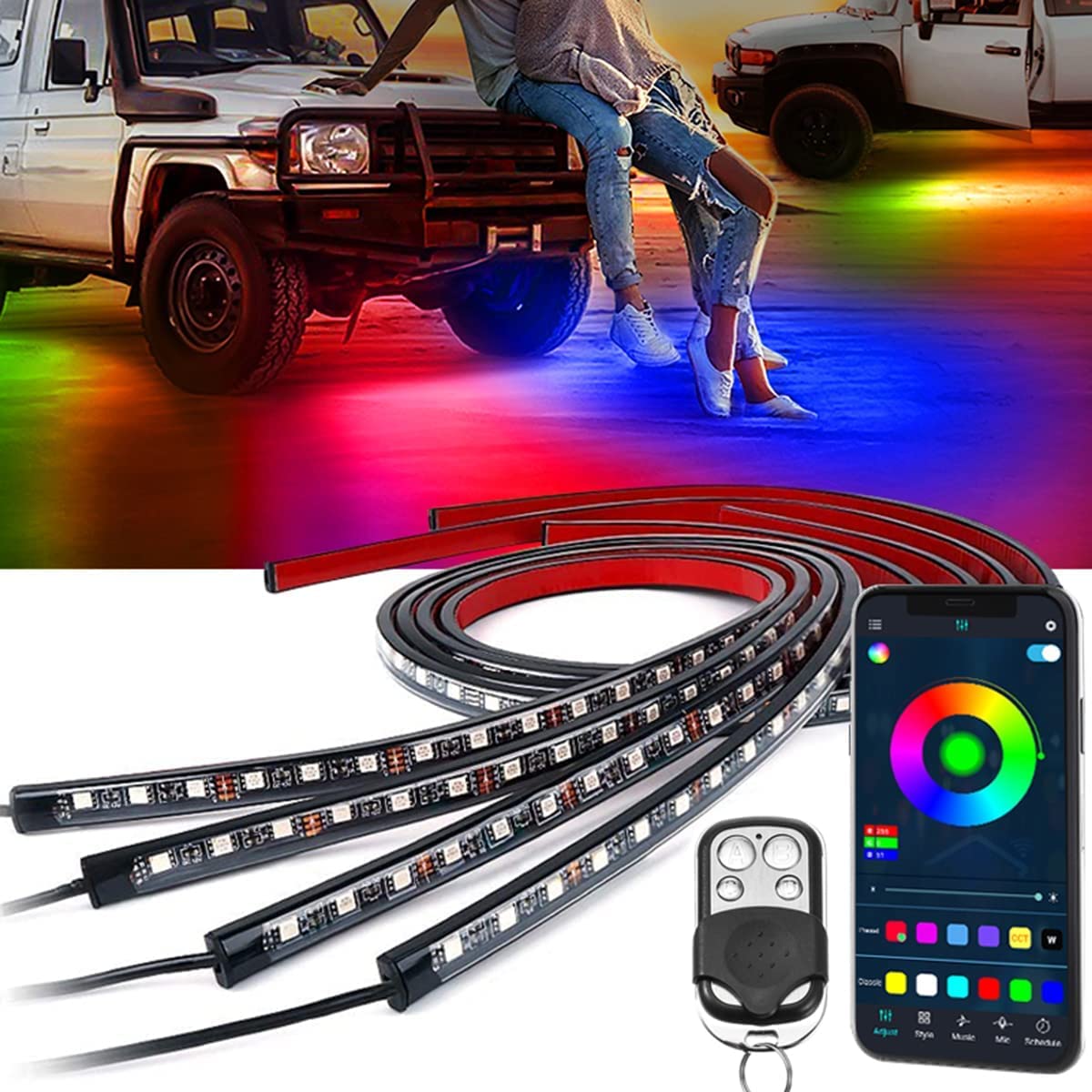 Rainbow Chasing Underglow Car LED Lights Kit - 16 Million Colors, APP Remote Control, Music Sync & Scene Modes with Extension Wires & Cable Ties | Perfect for SUVs, Trucks & Car Customization | Enhance Night Driving, Car Shows & Street Racing
