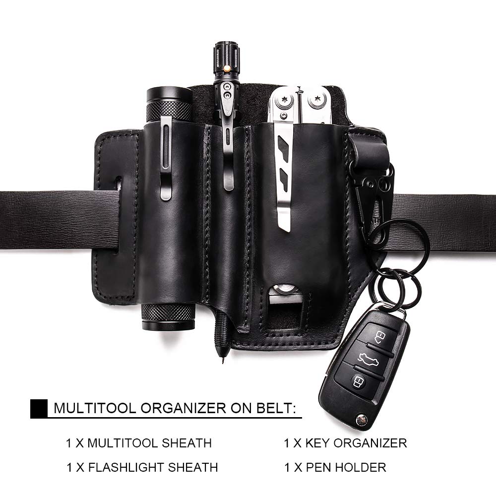 Premium Leather Multitool Sheath for Belt - Leatherman Sheath for Men with Pen Holder, Key Fob & Flashlight Sheath - Durable EDC Pocket Organizer (Black) - Perfect for Camping, Hiking & Everyday Carry