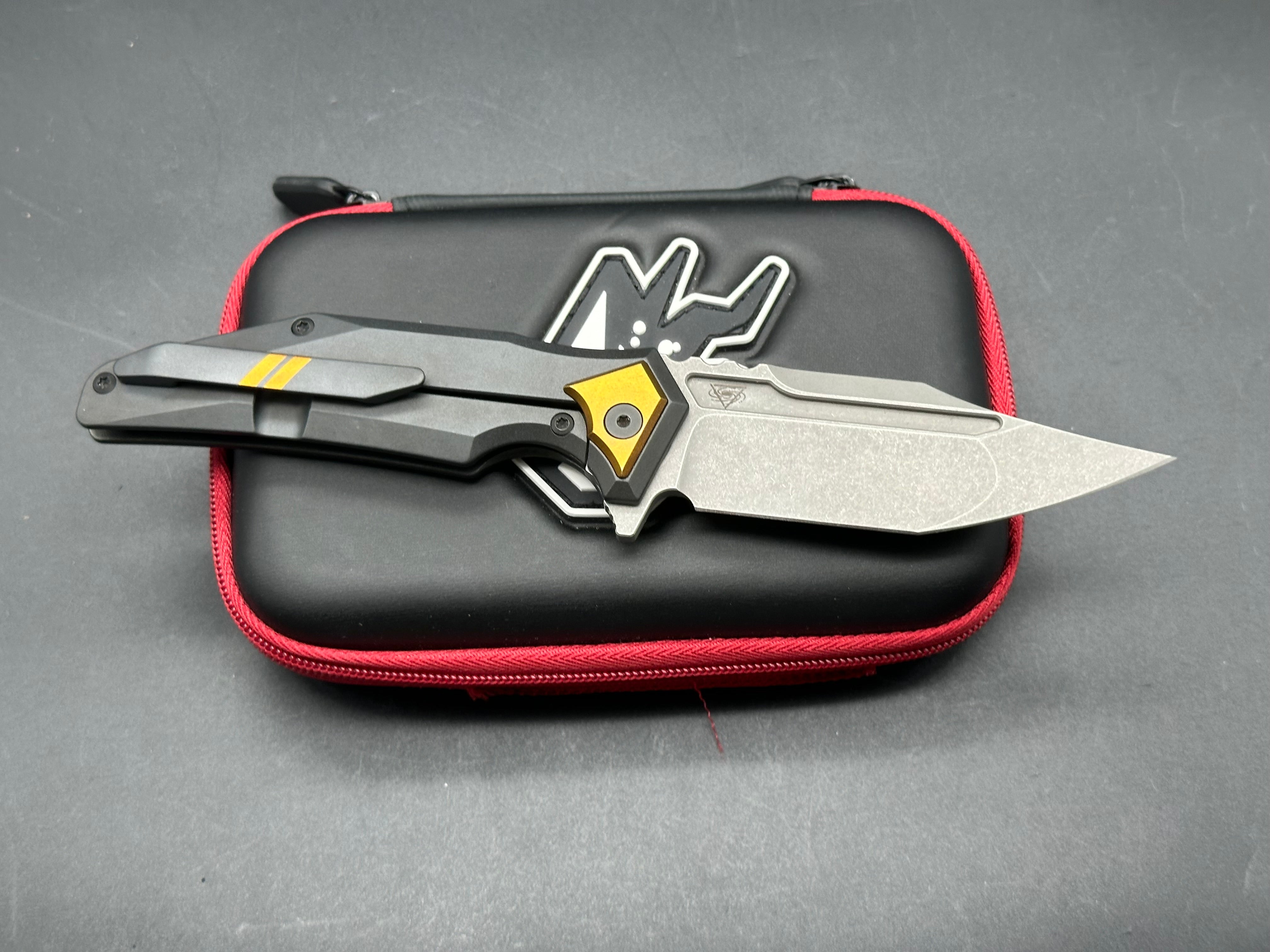 Arcane Design The Abyss Custom Titanium Knife - Charcoal Grey Ti Frame with Bronze Anodized Bolster, Backspacer & Clip, Bohler M390 Bowie Blade (Stonewash Finish) - Perfect for EDC, Outdoor Adventures & Collectors