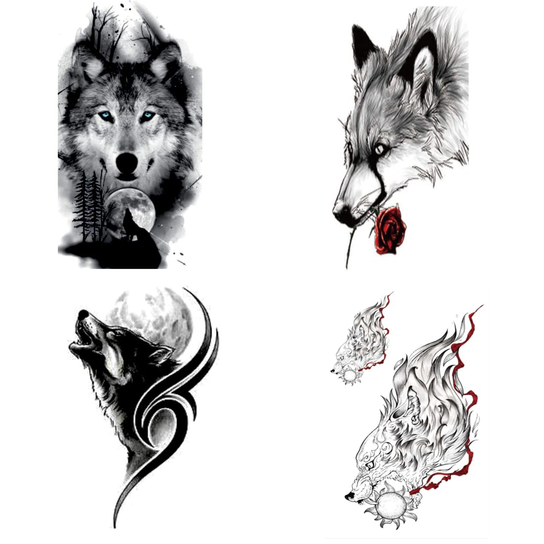 Black Wolf with Red Rose Temporary Tattoos - Pack of 4 Waterproof Fake Tattoo Stickers for Men & Women (2x4 Inch) - Perfect for Parties, Halloween & Body Art
