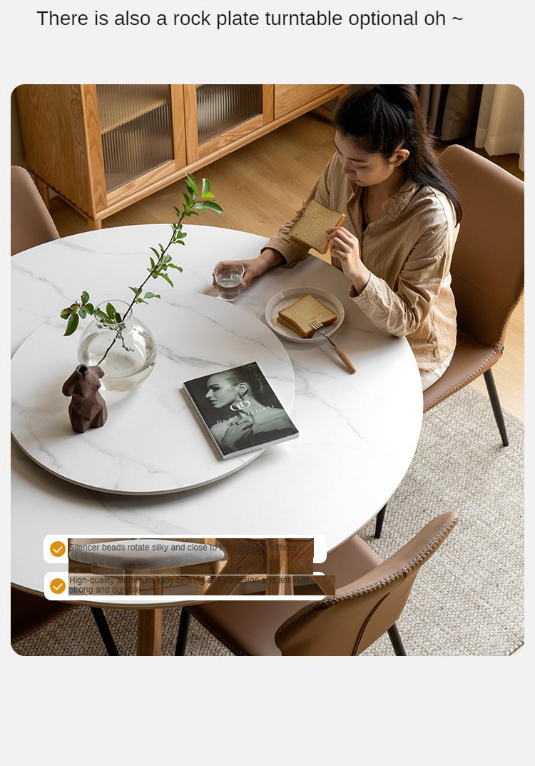 Solid Oak Wood Round Nordic Dining Table with Rock Slab Surface - Modern Farmhouse Kitchen & Dining Room Furniture for Family Gatherings
