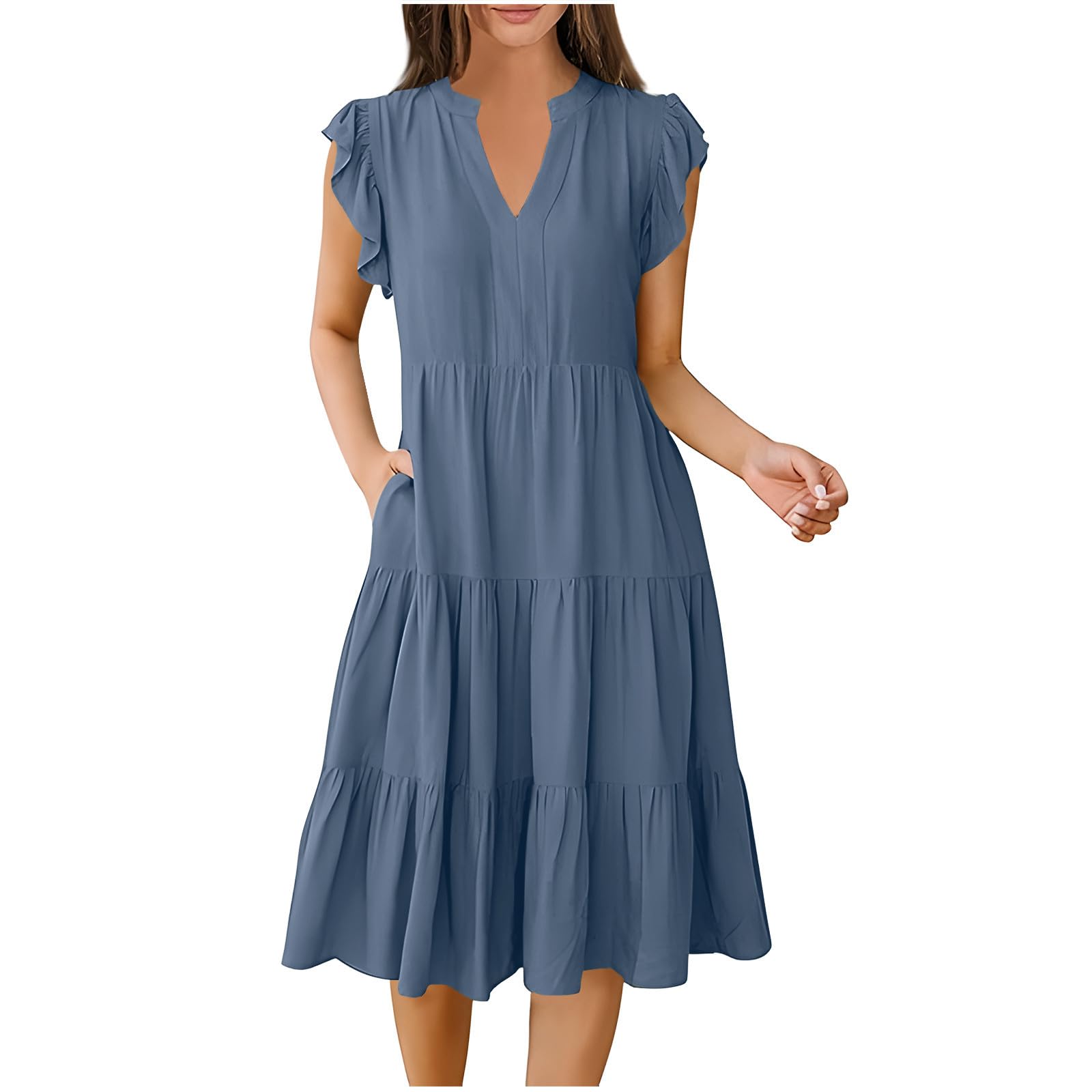 Yardsong Women's Summer Dresses 2025 - Ruffle Sleeve V-Neck Midi Sundress, Casual Loose Flowy Tiered Boho Dress for Beach Vacation & Outdoor Parties | Perfect for Tropical Getaways, Date Nights and Summer Festivals