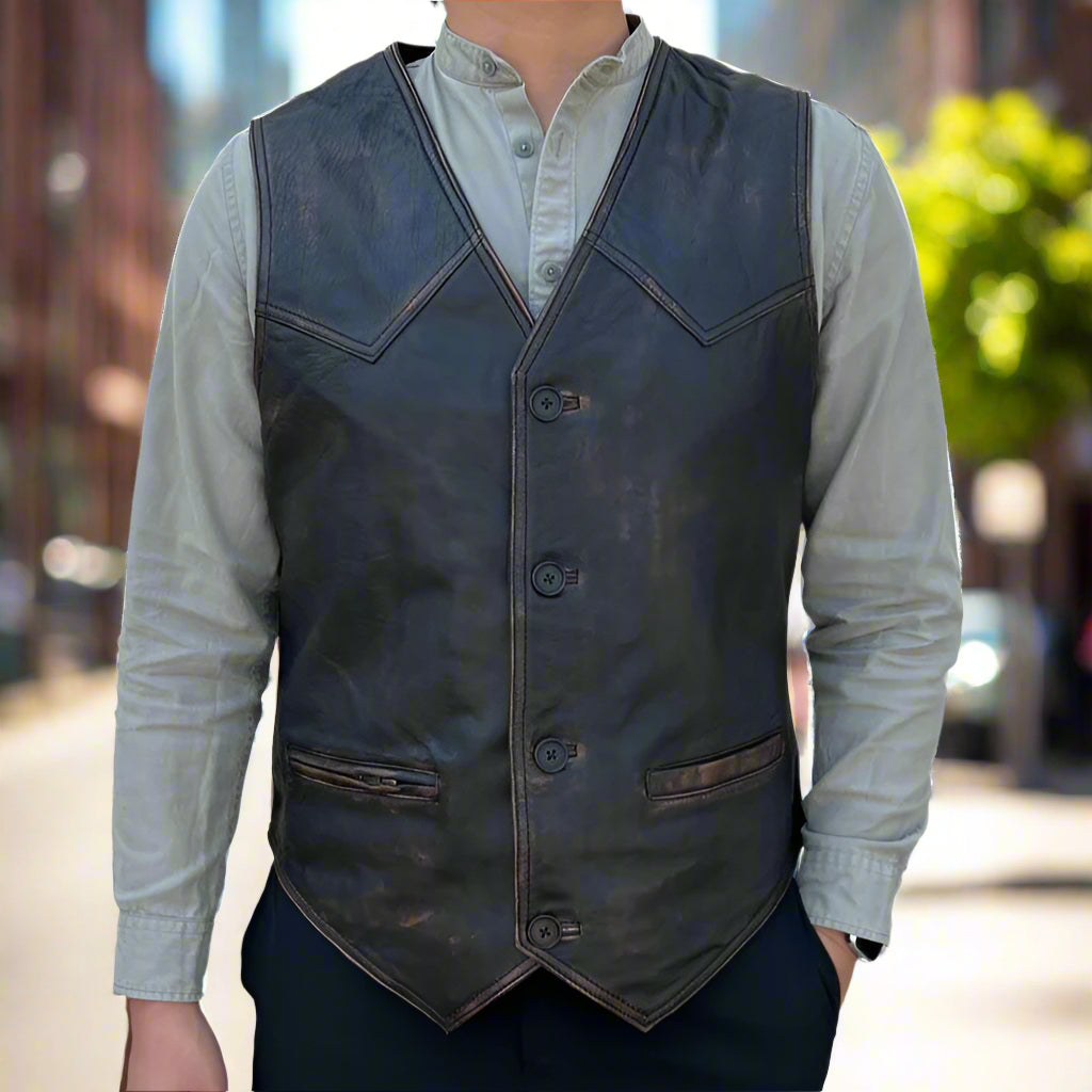 Men's Genuine Sheep Leather Ruboff Vest with Classic Button Closure & Front Pockets | Stylish Biker Jacket for Casual Wear, Motorcycle Riding & Outdoor Adventures