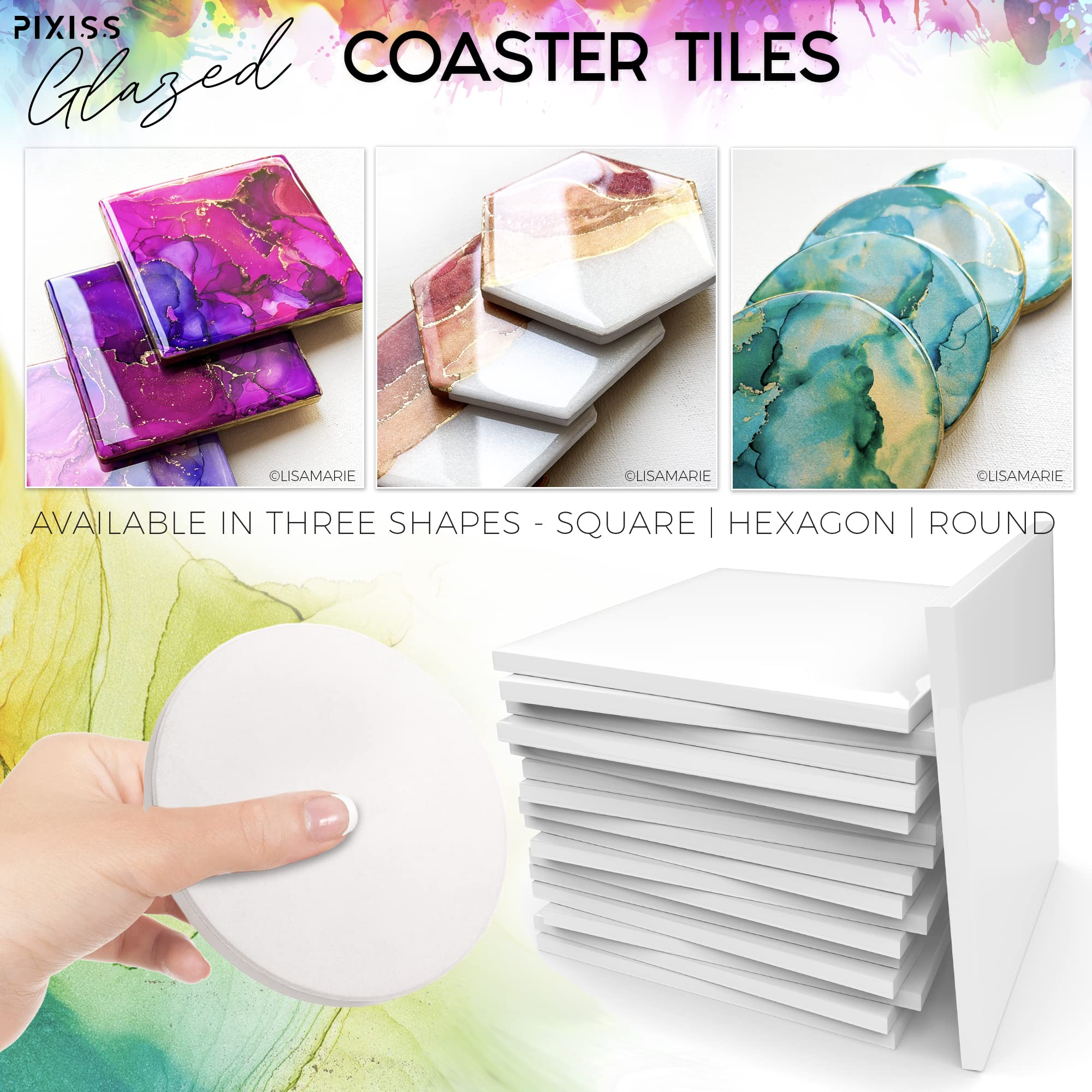 Pixiss 100-Pack 4x4 Inch Glazed Ceramic Coasters with Cork Backings - DIY Blank Square Tiles for Alcohol Ink, Acrylic Pouring & Painting - Perfect for Home Decor, Craft Projects & Party Supplies