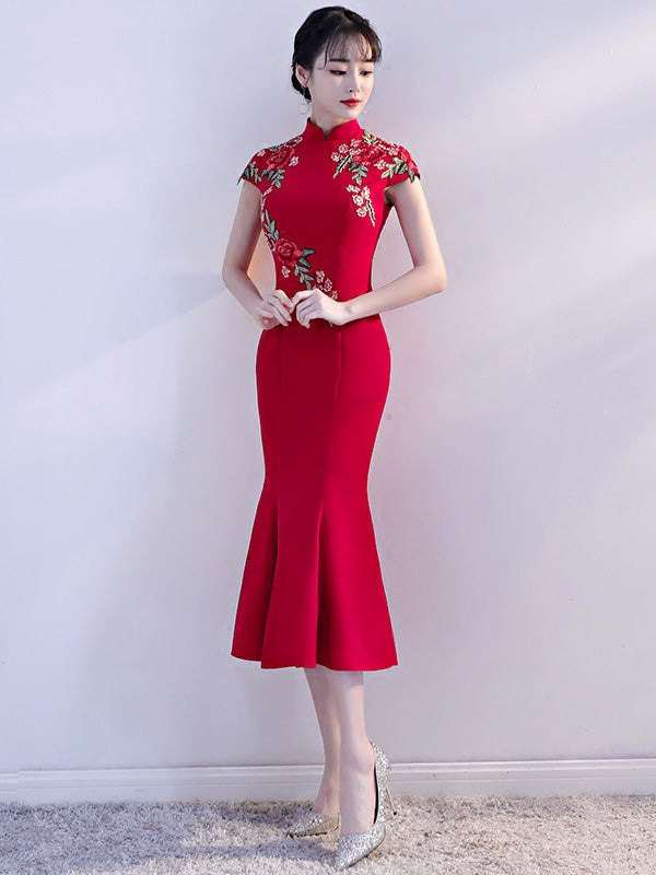 Elegant Red Embroidered Fishtail Qipao Cheongsam Wedding Dress for Brides - Perfect for Traditional Chinese Weddings, Tea Ceremonies & Special Occasions