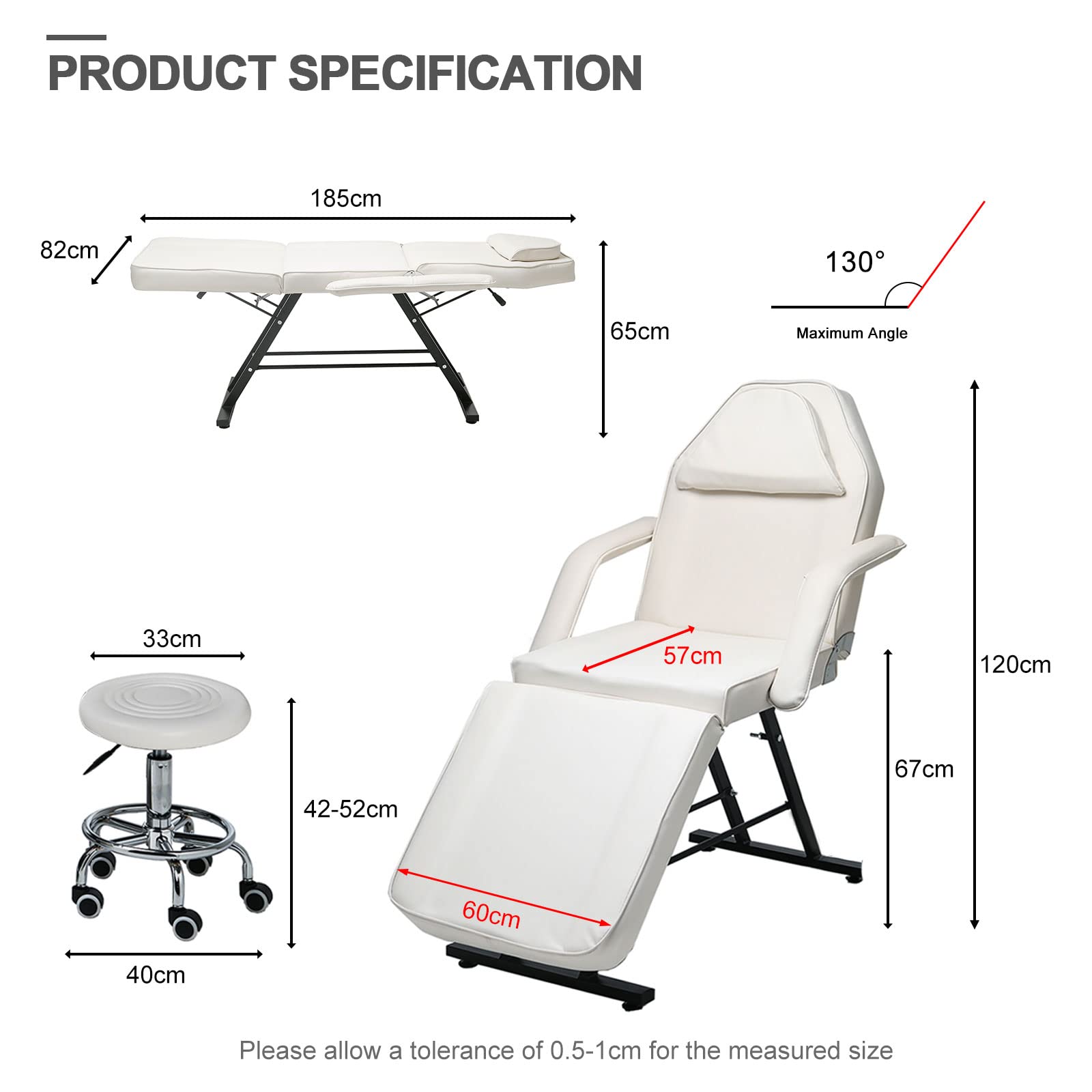 Vanimeu White Adjustable Massage Table with Stool - 3-Section Salon Tattoo Lash Bed, Removable Armrests & Headrest for Spa, 185x85x65cm - Perfect for Massage Therapy, Beauty Salon, Tattoo Parlor & Home Use