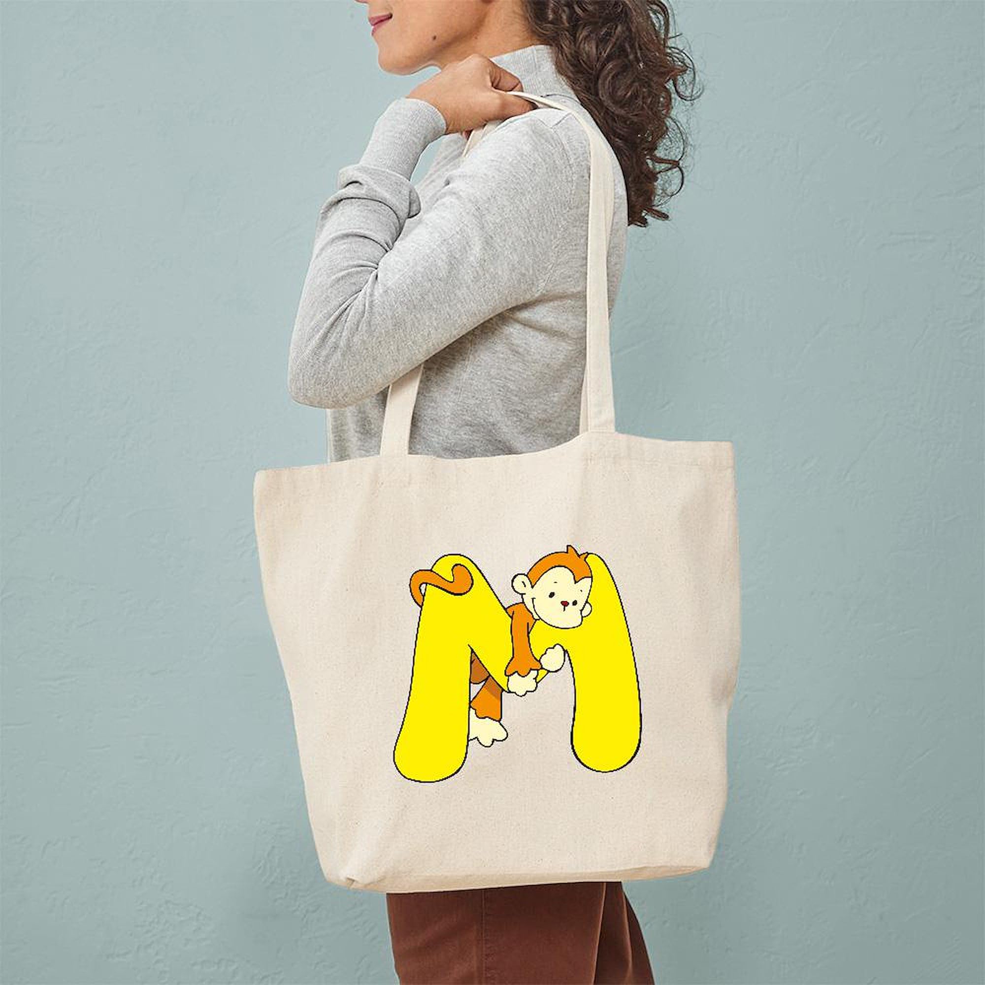 Zoo Alphabet M Monkey Tote Bag - Eco-Friendly Natural Canvas Reusable Shopping Bag for Groceries, Beach & Everyday Use