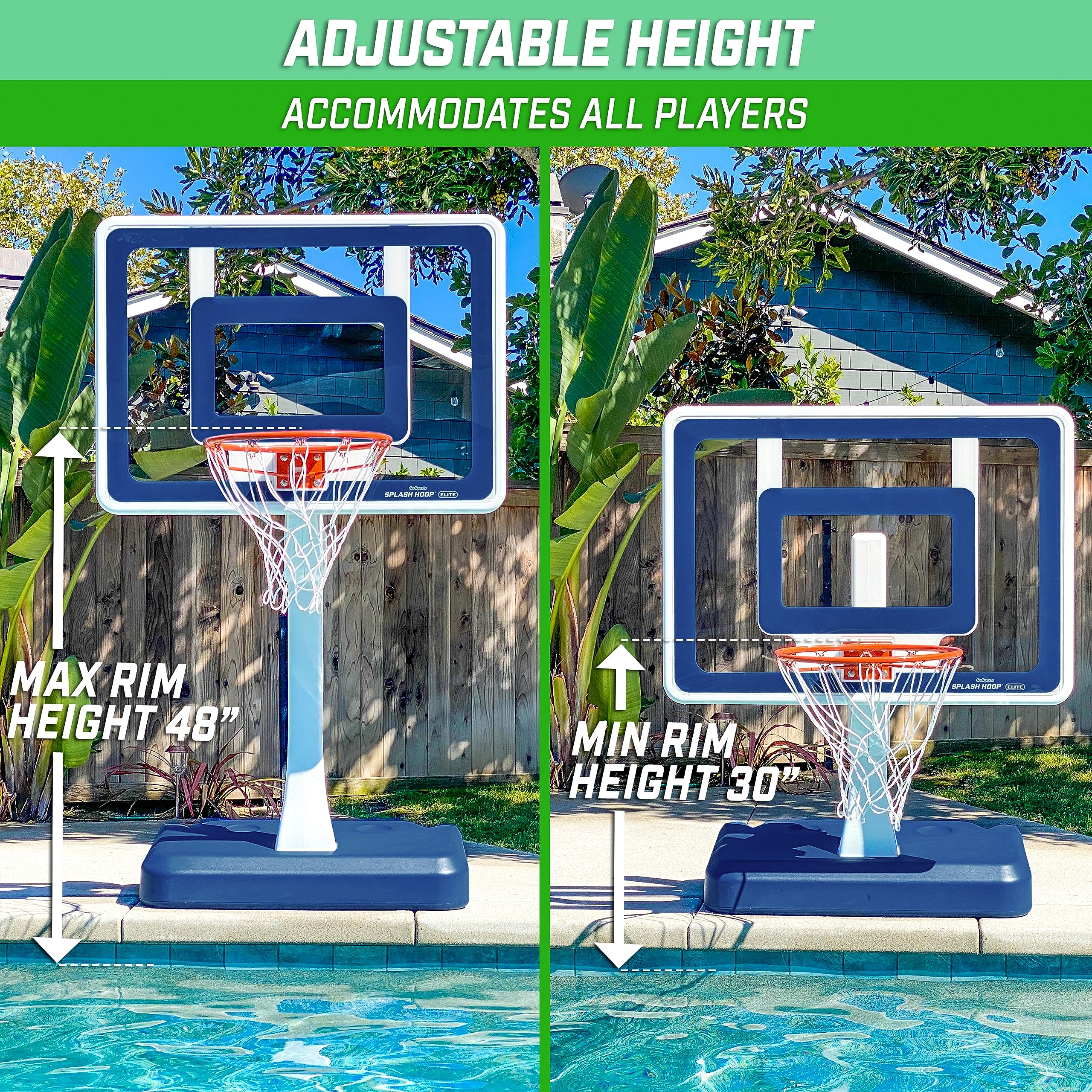 GoSports Splash Hoop Elite - Adjustable Height Pool Basketball Hoop with Water Weighted Base, Regulation Steel Rim & 2 Balls - Perfect for Backyard, Beach & Pool Party Games