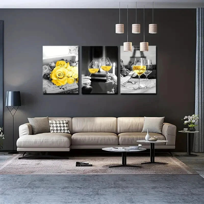 3-Piece Glass Yellow Rose Kitchen Wall Art - Paris Metal Print Ready to Hang - Perfect for Home Decor, Kitchen Backsplash & Dining Room Wall Decor
