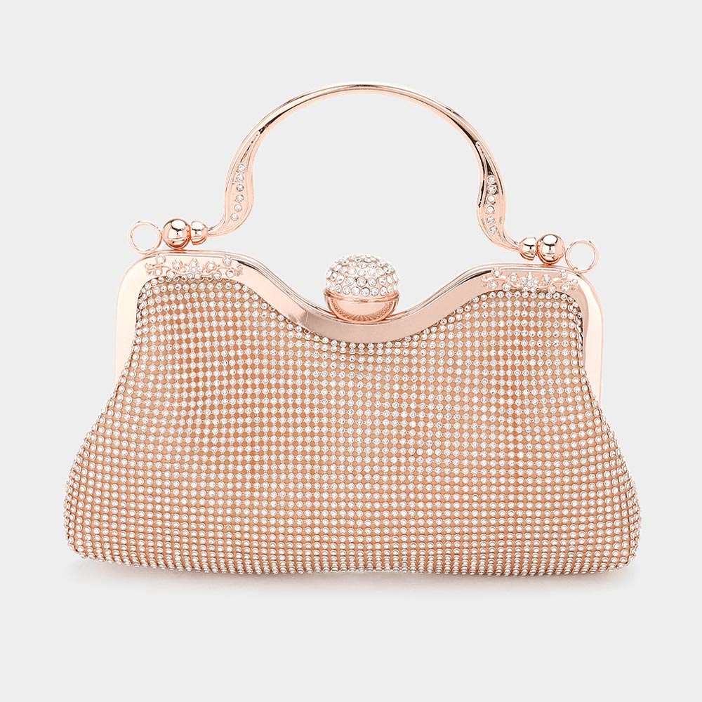 Elegant Rose Gold Rhinestone Mesh Evening Bag - Crossbody & Top Handle Clutch for Parties, Weddings & Special Occasions