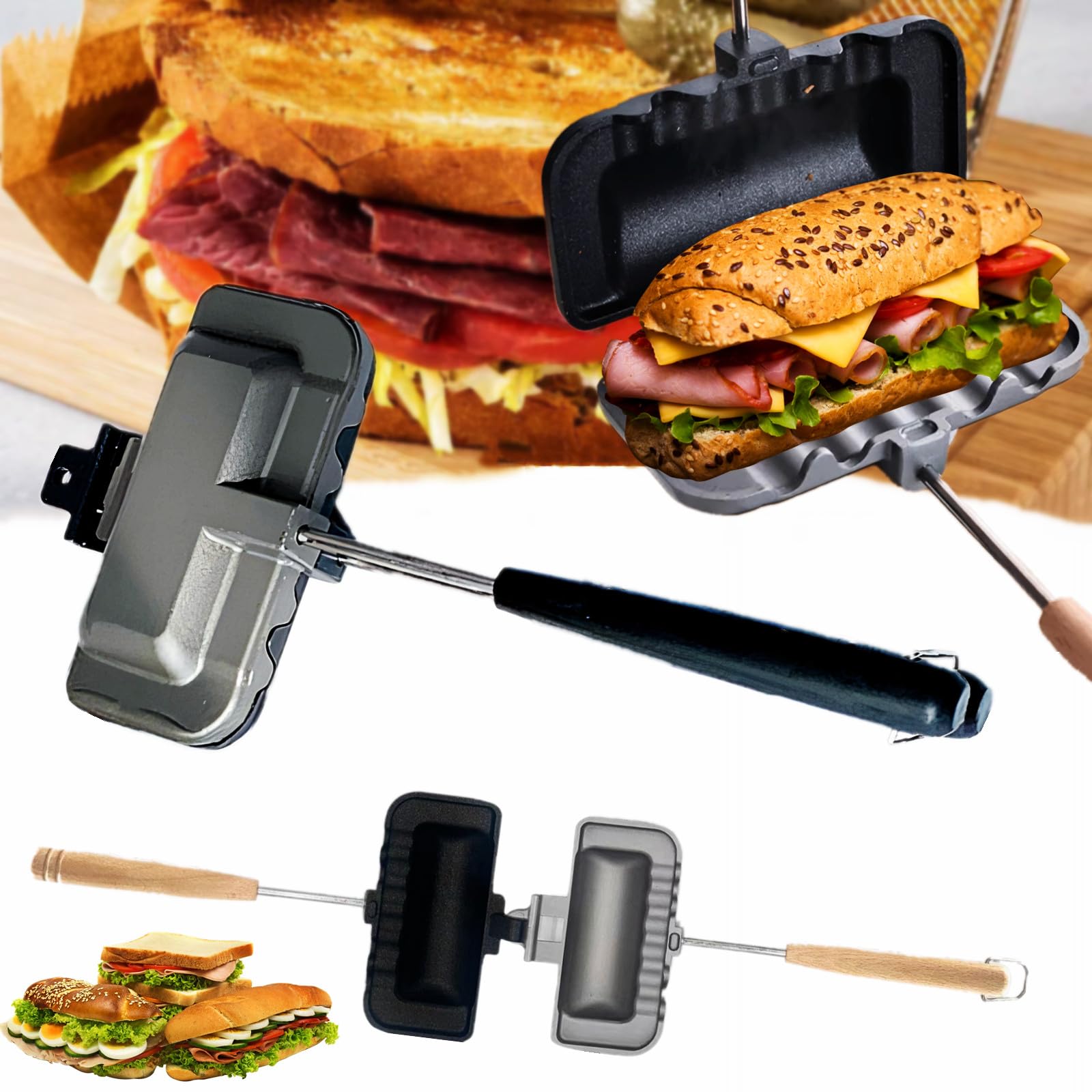 Qivine Sandwich Press Grill - Double Sided Non-Stick Panini Maker & Grilled Cheese Toaster for Stovetop, Portable Breakfast Sandwich Maker with Removable Handle - Perfect for Pancakes, Toast, Omelets, Camping & Home Kitchen Use