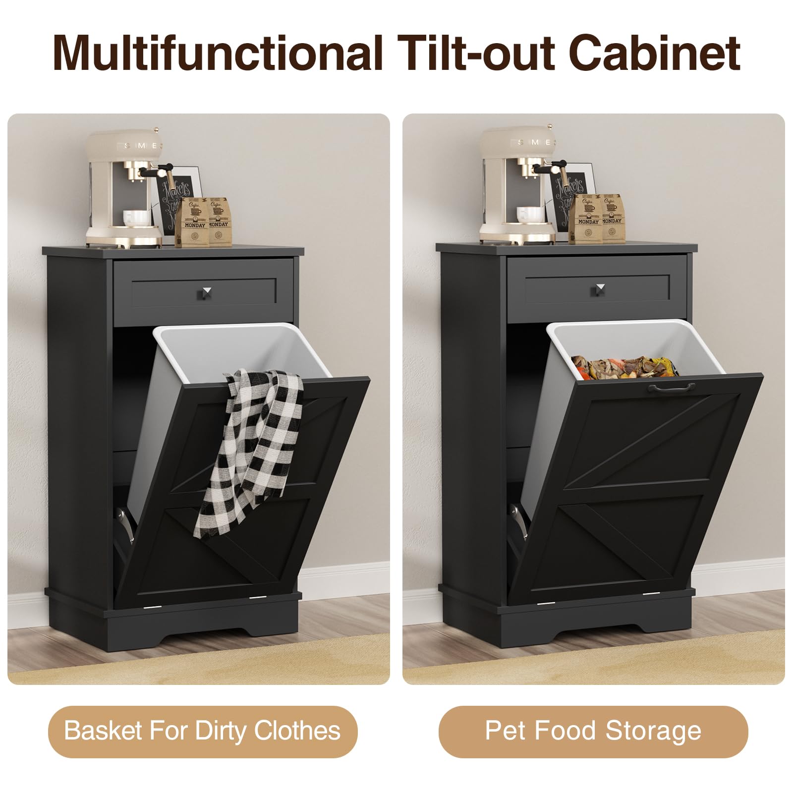 Farmhouse Tilt Out Trash Cabinet with Negative Ion Technology - 10 Gallon Dog Proof Garbage Can Storage for Kitchen, Bathroom & Living Room - Black - Perfect for Small Spaces and Pet-Friendly Homes