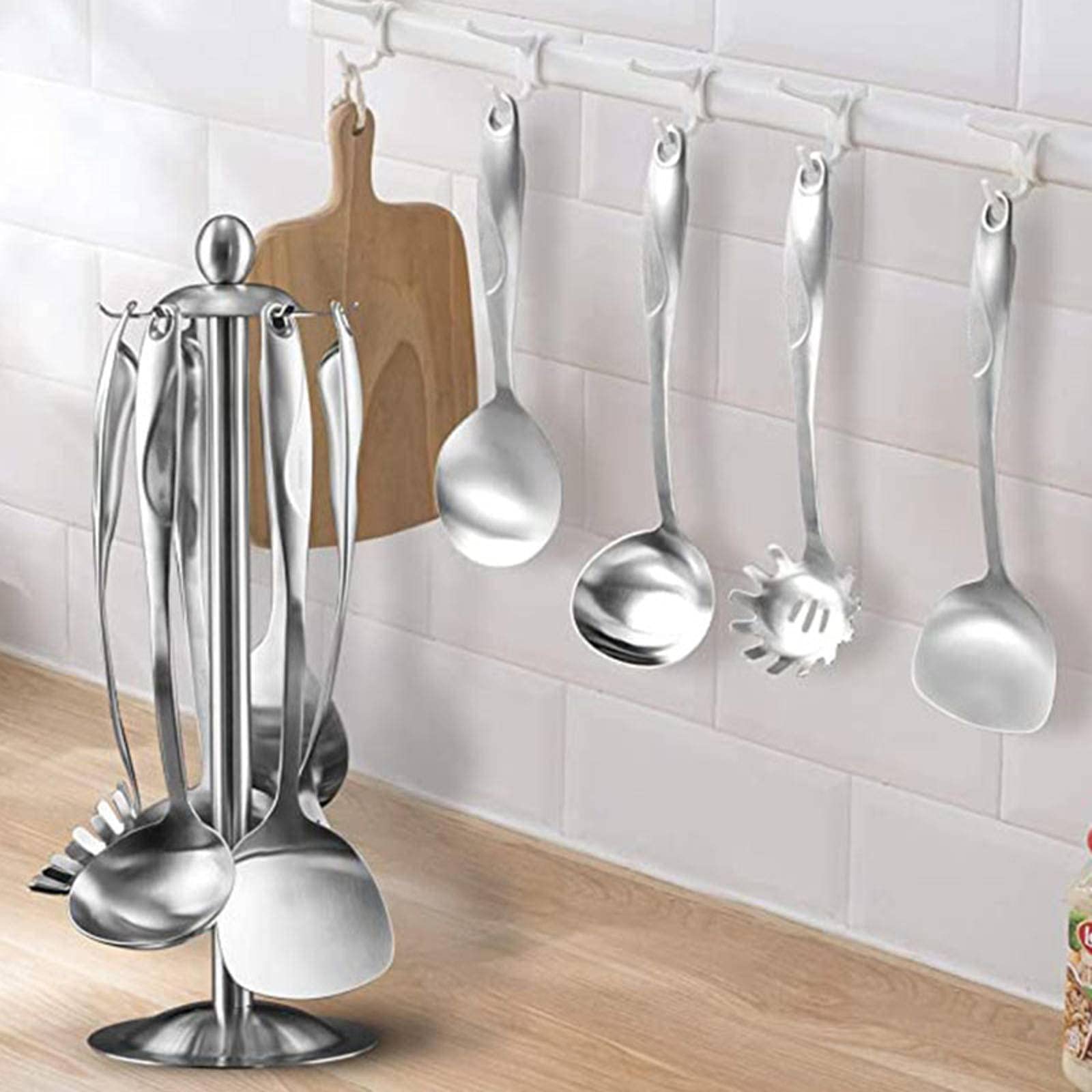 Premium 6-Piece Stainless Steel Kitchen Utensil Set - 304 Grade Cooking Tools with Rotating Holder (Includes Slotted Spoon, Spatula, Soup Ladle & More) - Perfect for Cooking, Baking & Serving - Dishwasher Safe & Durable