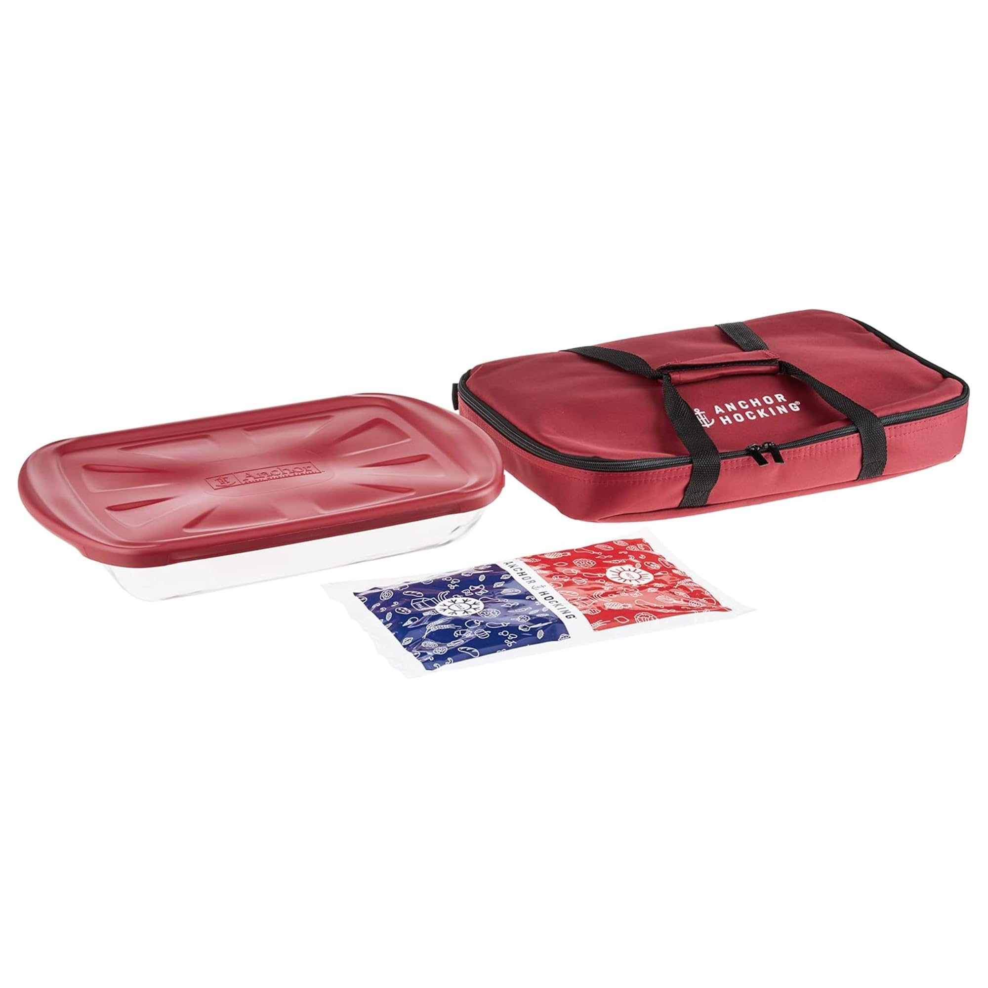Anchor Hocking 3 Quart Glass Baking Dish Set with Red Lid & Thermal Carrier - 4 Piece Oven Safe Casserole Dish Set for Baking, Cooking & Meal Prep - Perfect for Casseroles, Lasagna, Pot Pies & Holiday Dishes