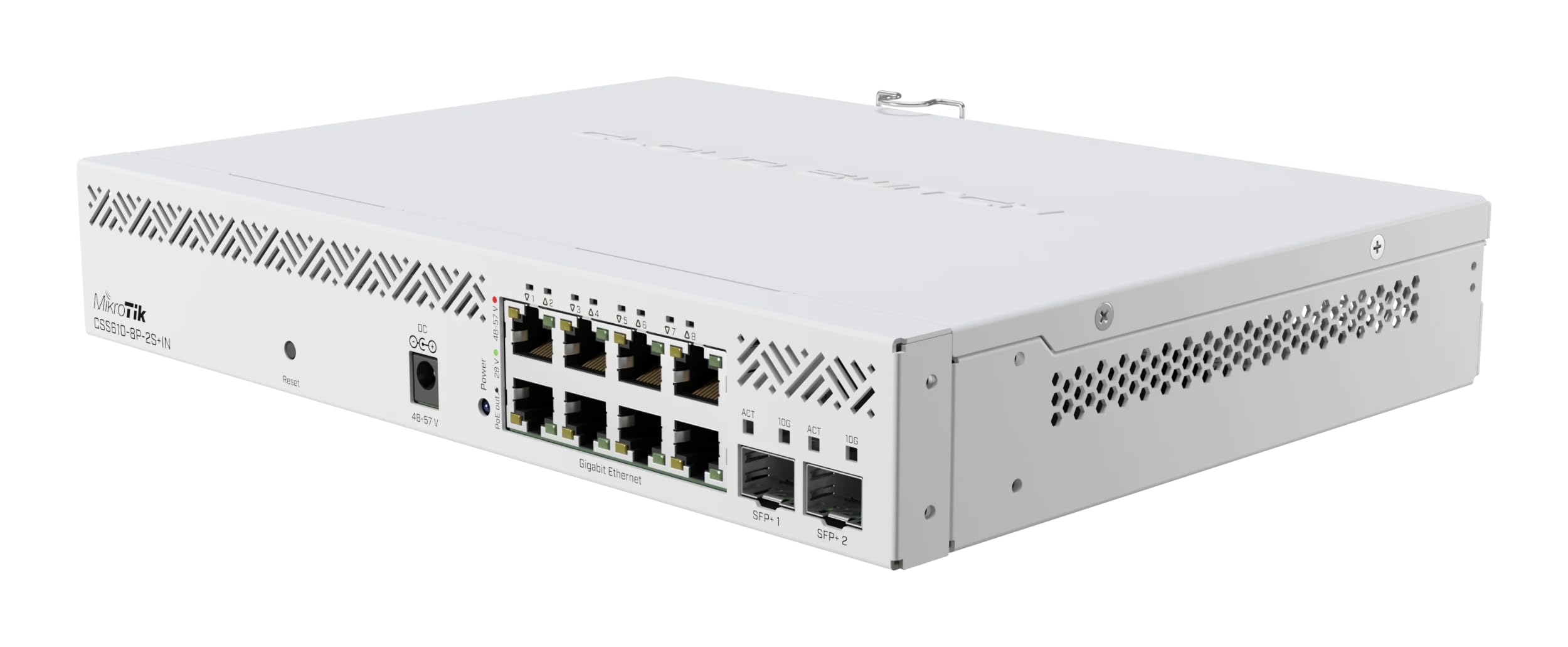 MikroTik CSS610-8P-2S+IN 8-Port Gigabit PoE Switch with 2 SFP+ Ports - 8-Way Solid State Stainless Steel Network Switch for Home Office, Business & Data Center - Automatic White