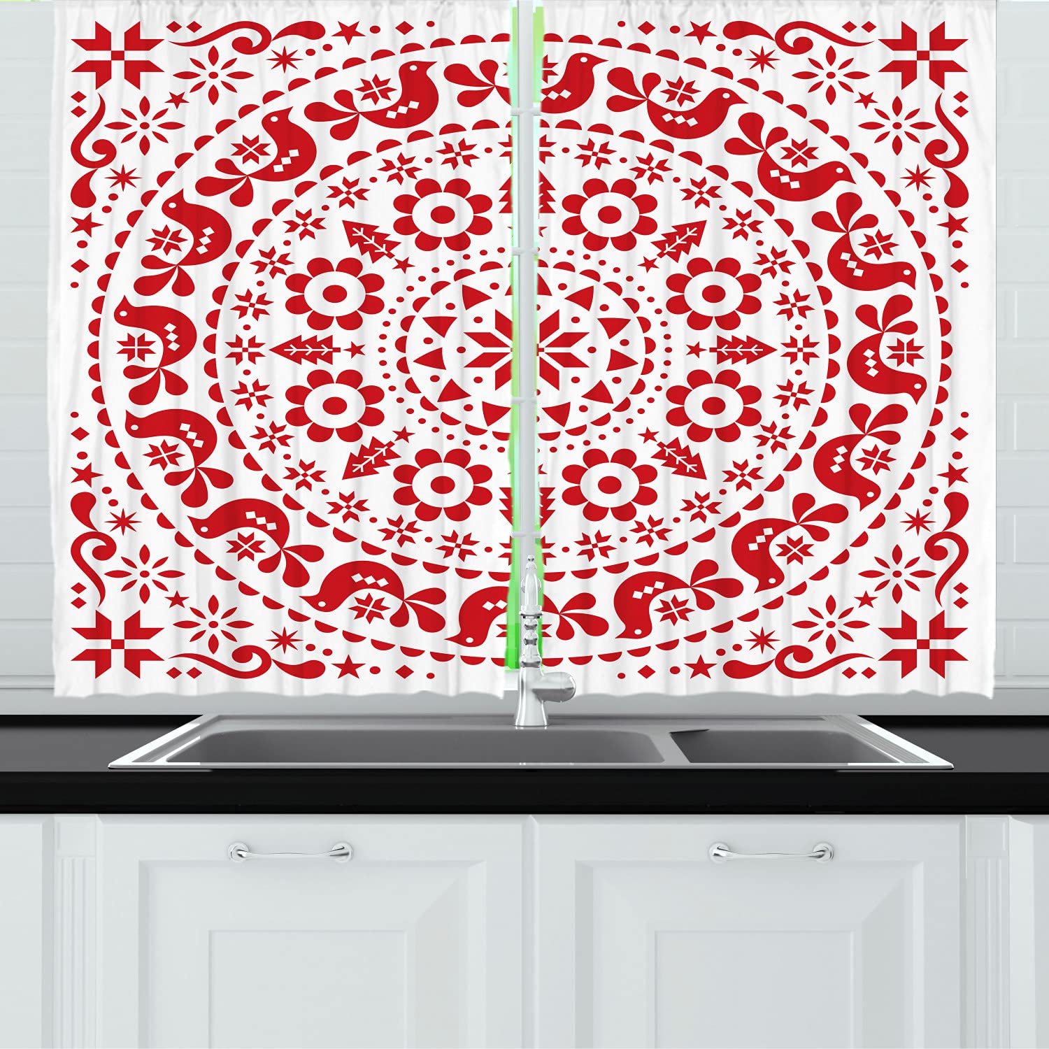 Ambesonne Mandala Long Kitchen Curtains - Folk Scandinavian Nordic Themed Drapes with Rod Pocket, Warm Colored Bird Flower Tree Design, 55