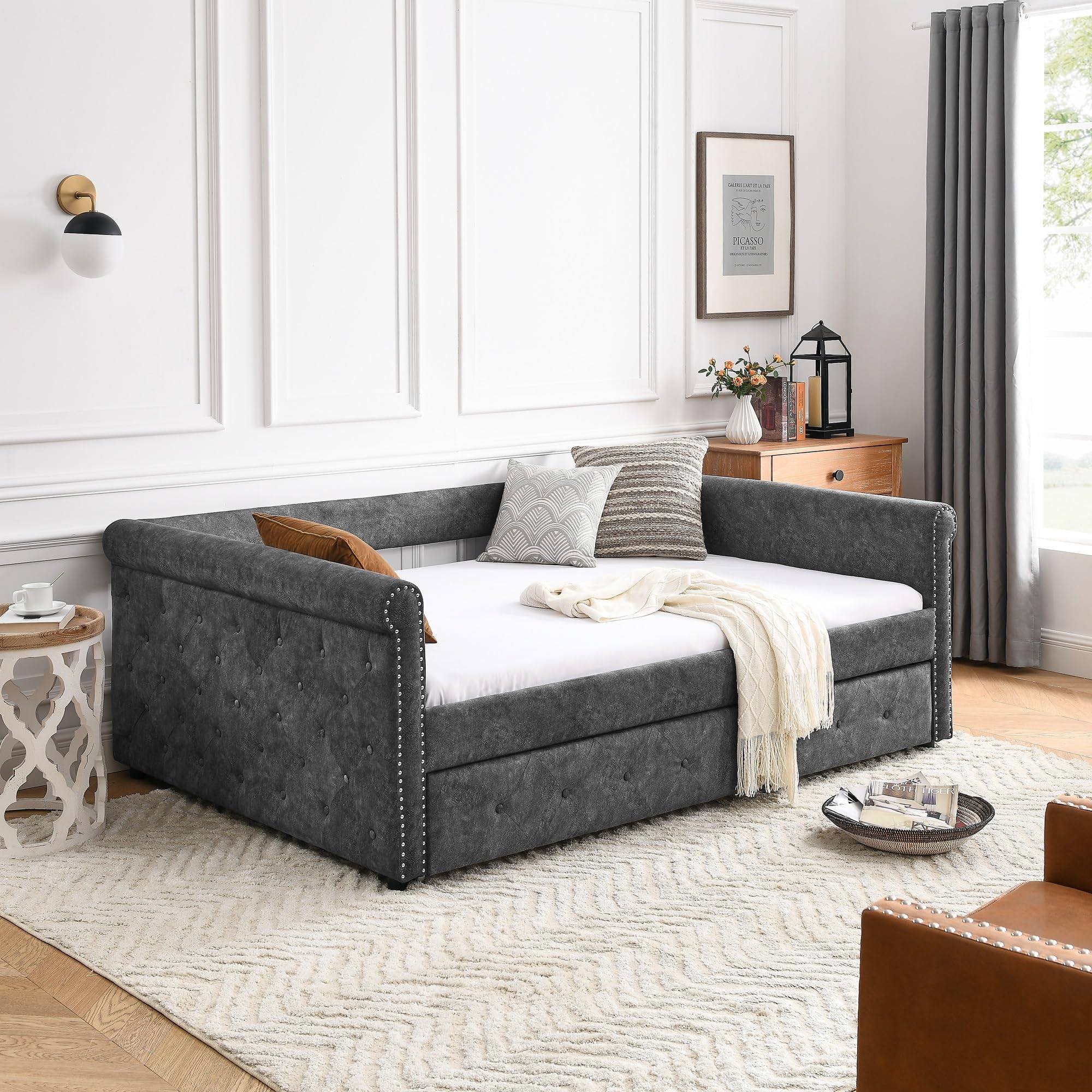 2 in 1 Convertible Sleeper Sofa Bed with Button Tufting & Copper Nail Trim - Full Size Daybed with Twin Trundle, Small Space Love Seat Lounge for Living Room, Apartment, Dorm - Grey (85.5