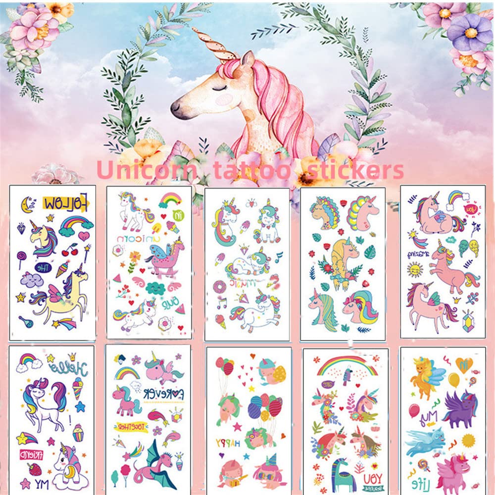 10 Sheet Watercolor Unicorn Stickers - Cute Waterproof Pink Unicorn Temporary Tattoos for Girls | Perfect for Party Favors, Envelopes, Birthday Gifts & Face Art | Great for Kids Parties, DIY Crafts & Scrapbooking