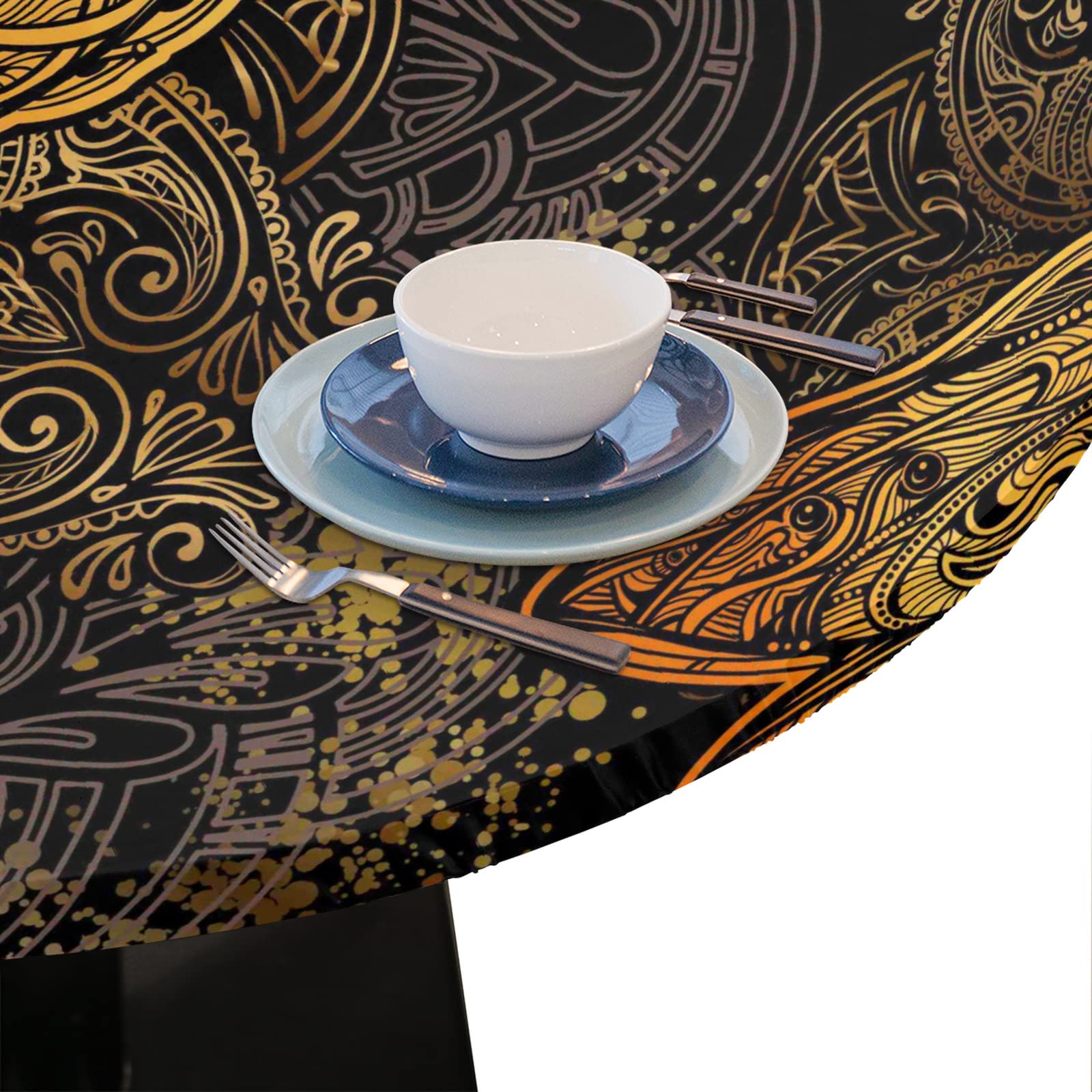 Pardick Golden Dragonfly Round Elastic Tablecloth - Waterproof & Wipeable Fitted Table Cover for 45” to 56” Round Tables - Perfect for Dining Room, Outdoor Patio, and Special Occasions