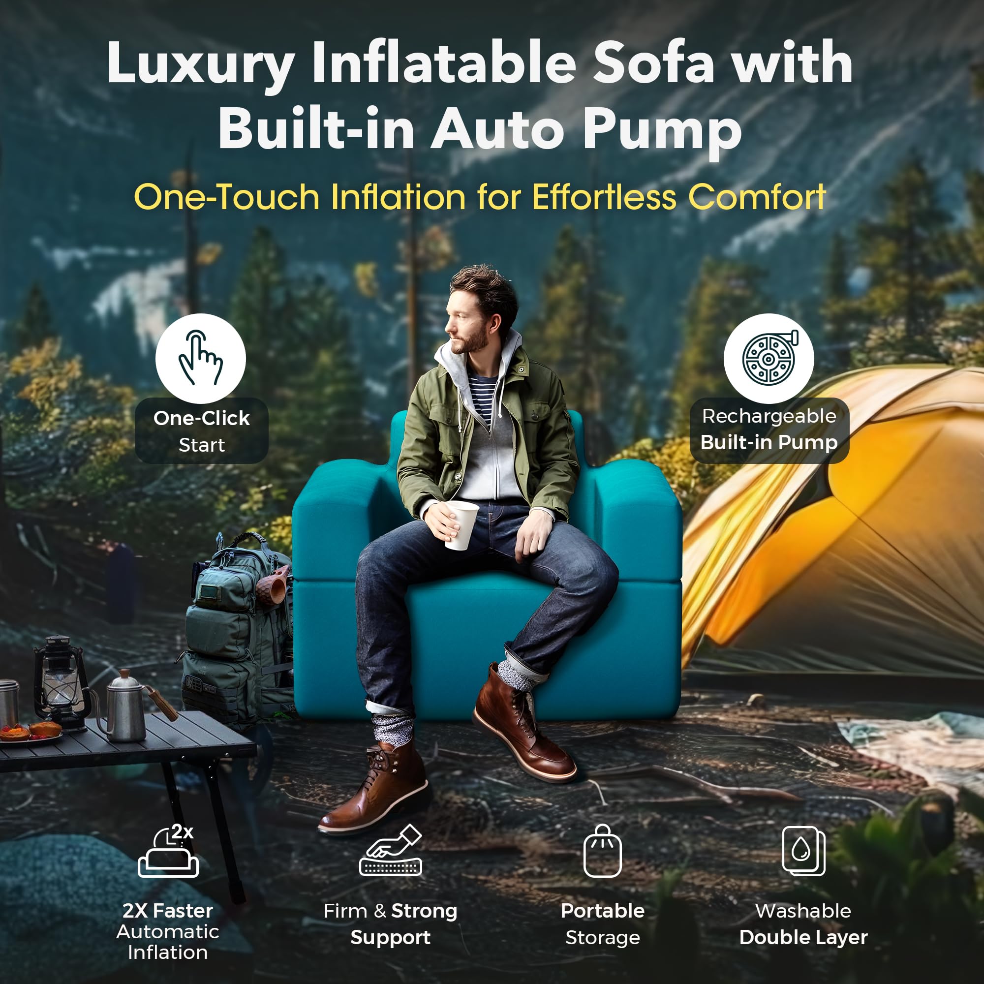 Inflatable Couch with Built-in Air Pump - Portable Self-Inflating Sofa for Camping, Beach, Picnic & Home - 4kPa High-Pressure Durable Air Couch (Armchair Style) - Perfect for Outdoor Adventures, Lounging & Small Space Living