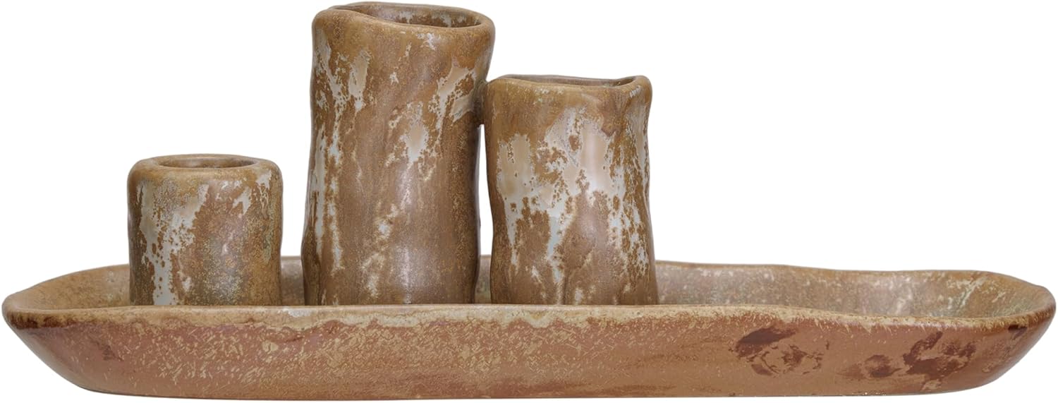 Handmade Stoneware Candle Holder with Tray - Rustic Home Decor for Dining Table, Coffee Table & Wedding Centerpieces - Perfect for Aromatherapy & Romantic Ambiance