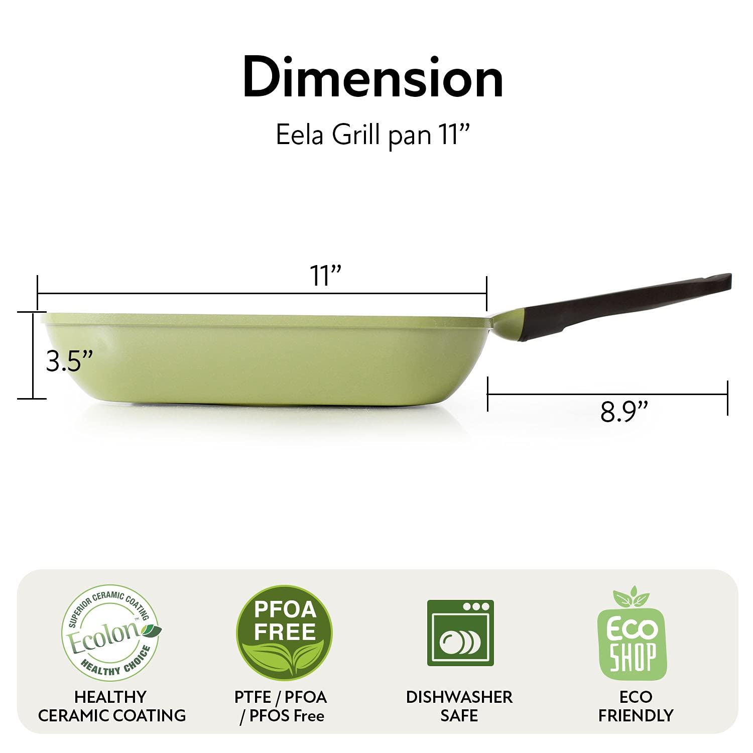 **Neoflam Eela 11-Inch Square Non-Stick Stovetop Grill Pan - PFOA-Free Ecolon Ceramic Coating, Scratch Resistant, Perfect for Searing Meat, Fish, Vegetables & Broiling - Olive Green - Ideal for Indoor Grilling & Healthy Cooking**