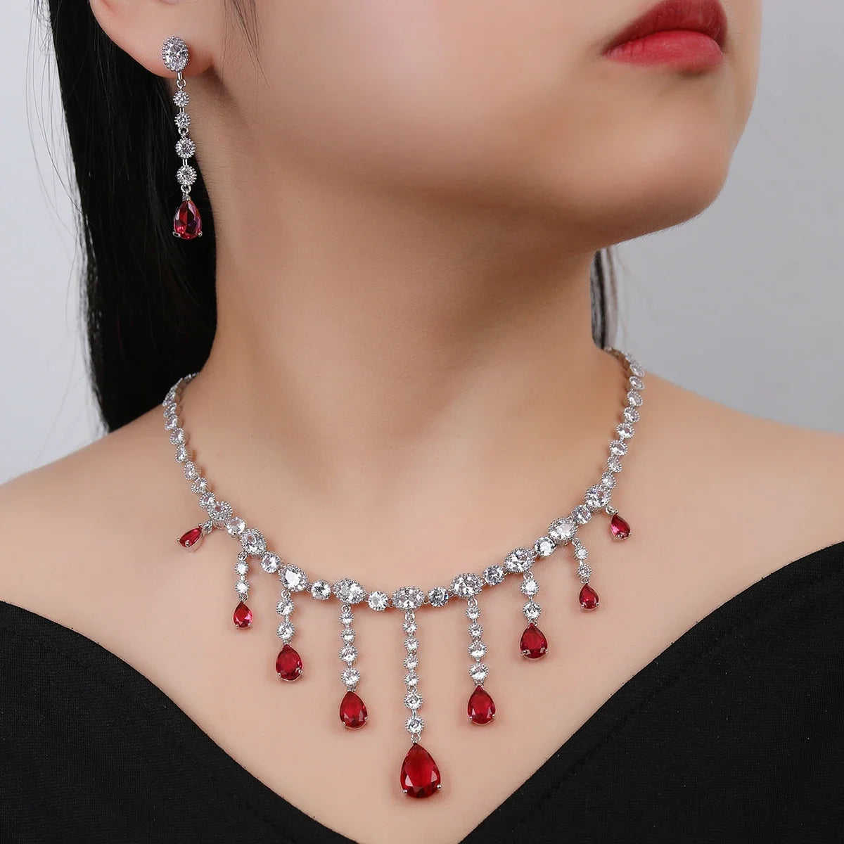 Elegant Droplet Cubic Zirconia Tassel Wedding Jewelry Set - Necklace & Earrings Bridal Party Accessories for Bride, Bridesmaid, Anniversary & Formal Dinner Occasions