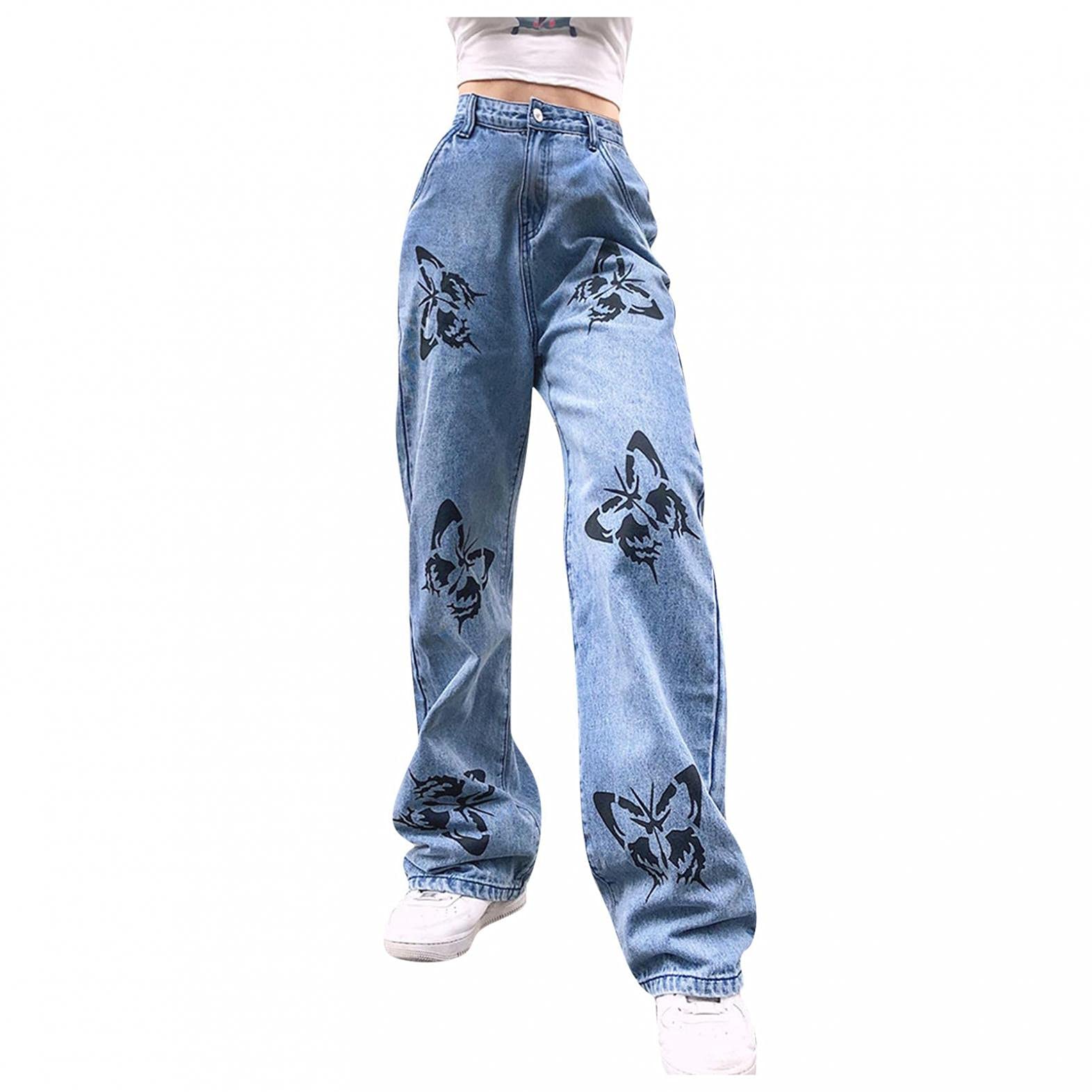 Women's High Waisted Skinny Jeans - Y2K Vintage Baggy Denim Pants with Cute Butterfly Graphic for Girls | Perfect for Casual Wear, Street Style & Retro Fashion Outfits