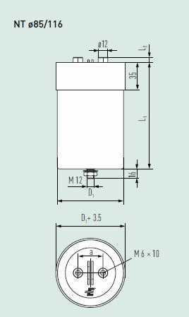 E50.R23 225NT1 2190uF 900VDC Capacitor - DC Link, 90Amp, 230mm x 116mm, M12 Mounting Stud & M6 Terminals - Ideal for Industrial Power Supplies, Solar Inverters, and EV Charging Stations