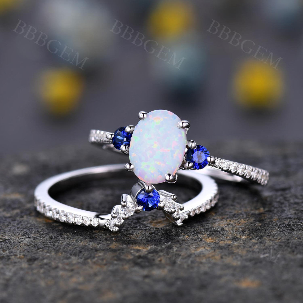 Antique Vintage Style Sapphire Opal Bridal Ring Set with Diamond Accents - Matching Wedding Band & Engagement Ring for Women - Perfect for Bridal Jewelry, Anniversary Gifts & Special Occasions