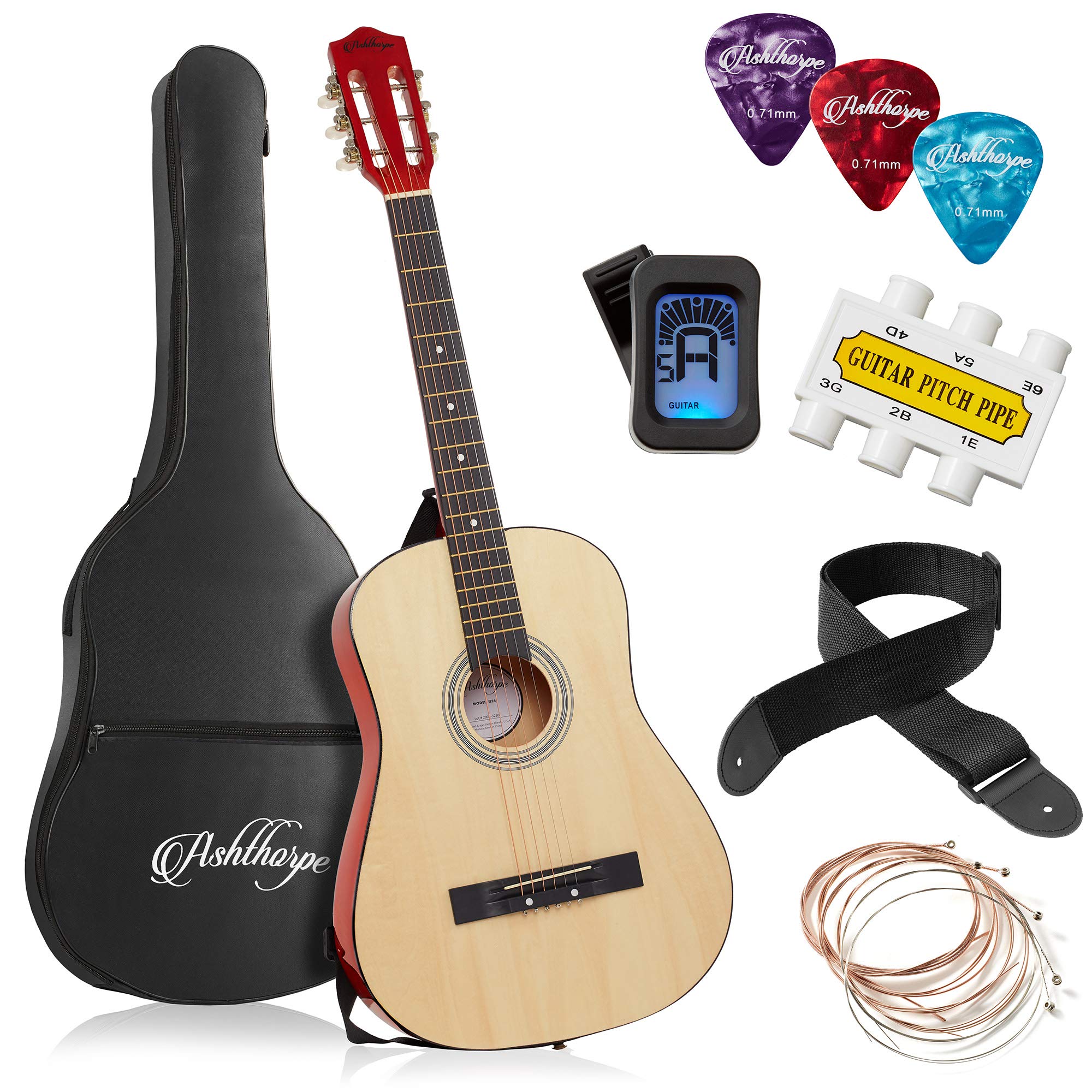 Ashthorpe 38-inch Beginner Acoustic Guitar Starter Kit - Natural Wood Guitar with Gig Bag, Strings, Strap, Tuner, Picks & Accessories | Perfect for Kids, Teens & Adult Beginners Learning to Play at Home, School or Camping