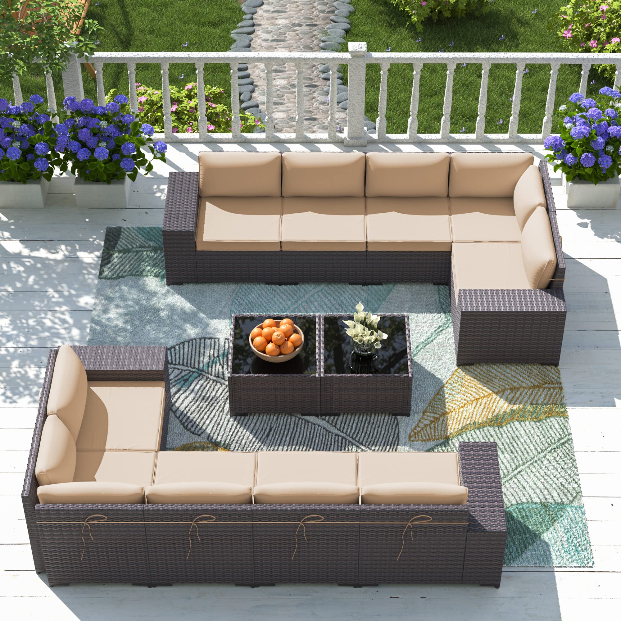 12-Piece Outdoor Patio Furniture Set - All-Weather PE Rattan Sectional Sofa with High Backrest, Coffee Table & Cushions (Brown) - Perfect for Backyard, Garden, Poolside & Patio Relaxation