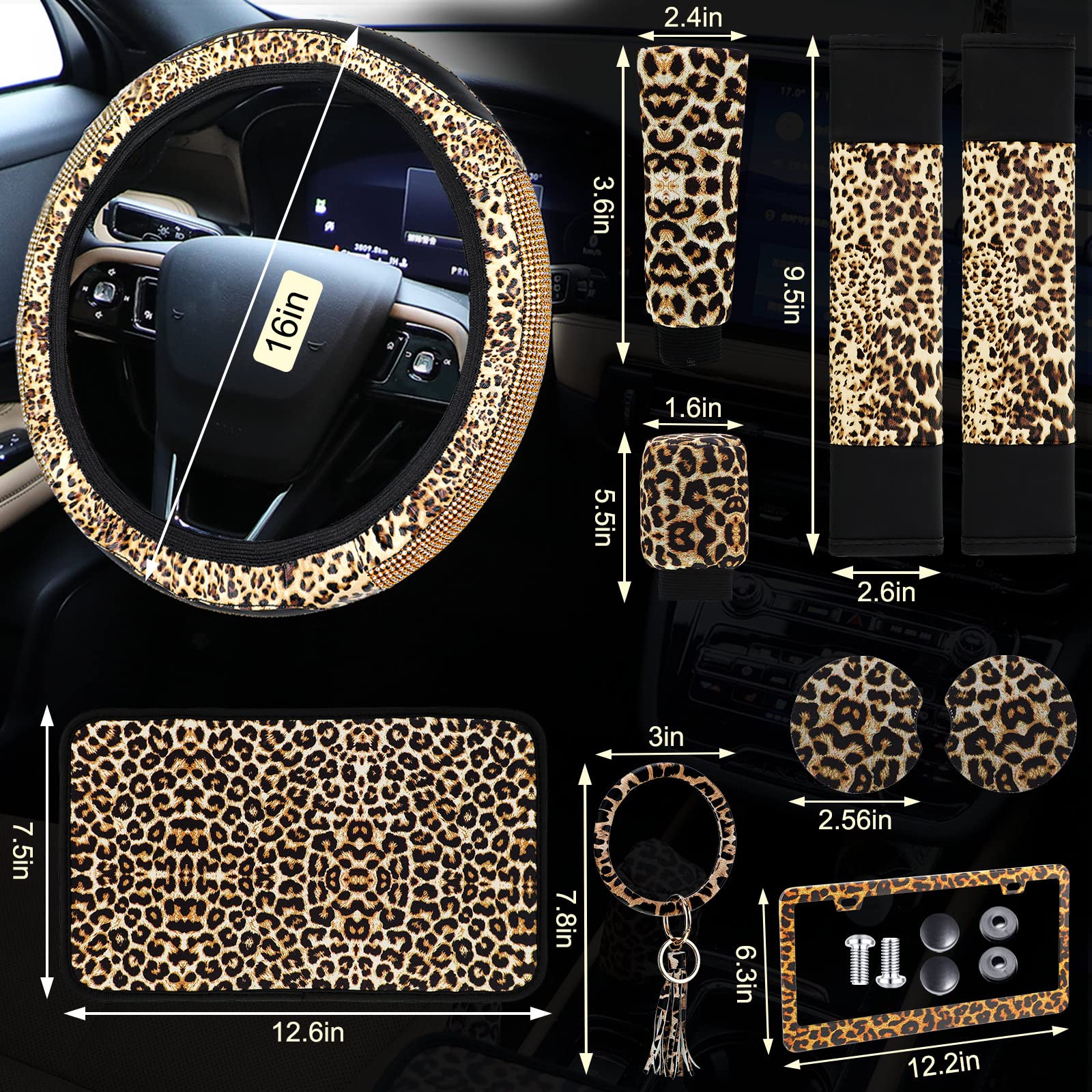 Tallew 10-Piece Leopard Print Car Accessories Set - Cheetah Print Steering Wheel Cover, Seat Belt Pads, License Plate Frame, Armrest Covers & Cup Holders for SUV, Truck - Stylish & Durable Interior Upgrade for Women & Men