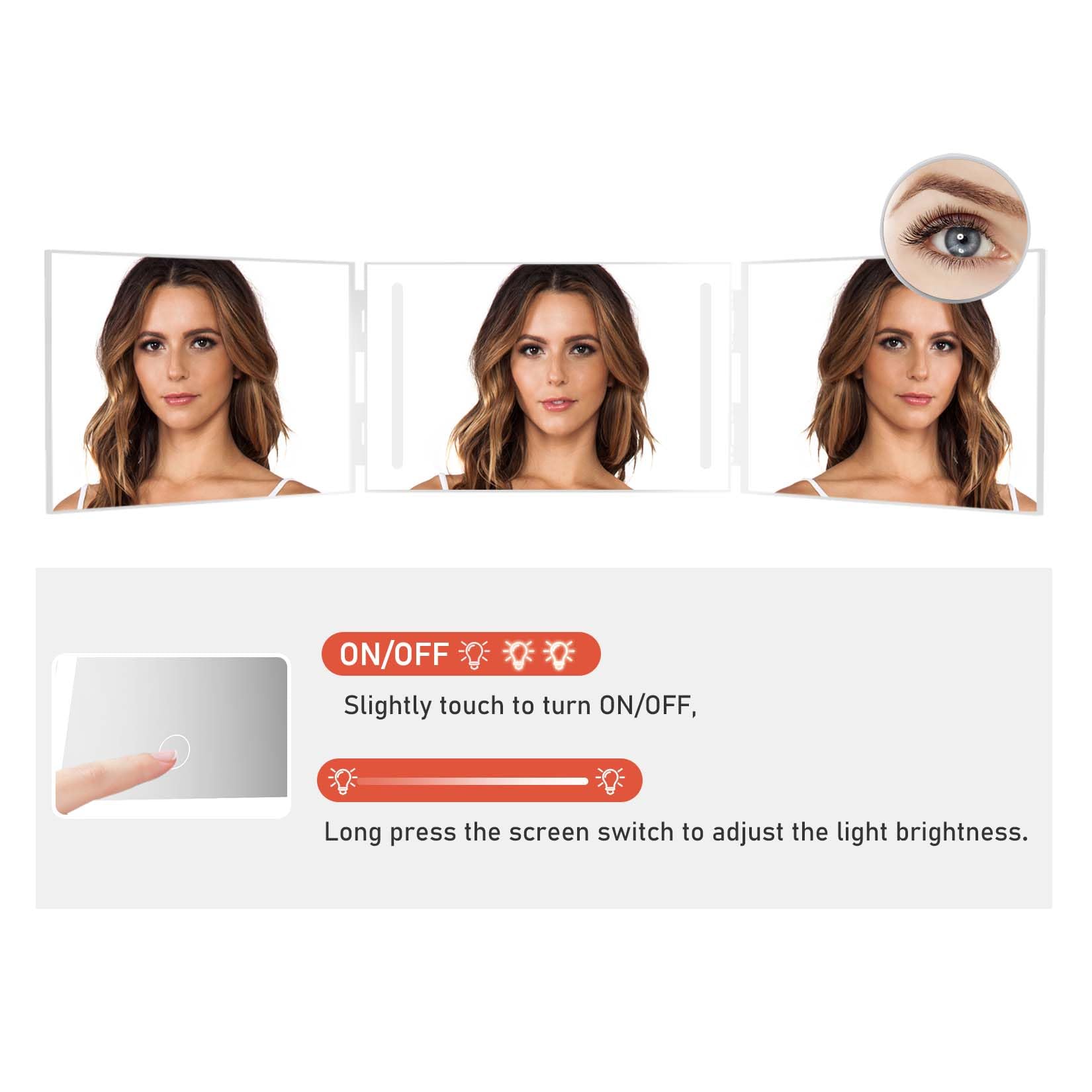 Essbhach 3-Way Adjustable LED Mirror - 360° Rotating Vanity & Barber Mirror for Women & Men, Height-Adjustable Wall Mount with Hooks - Perfect for Salon, Bathroom & Home Makeup Station