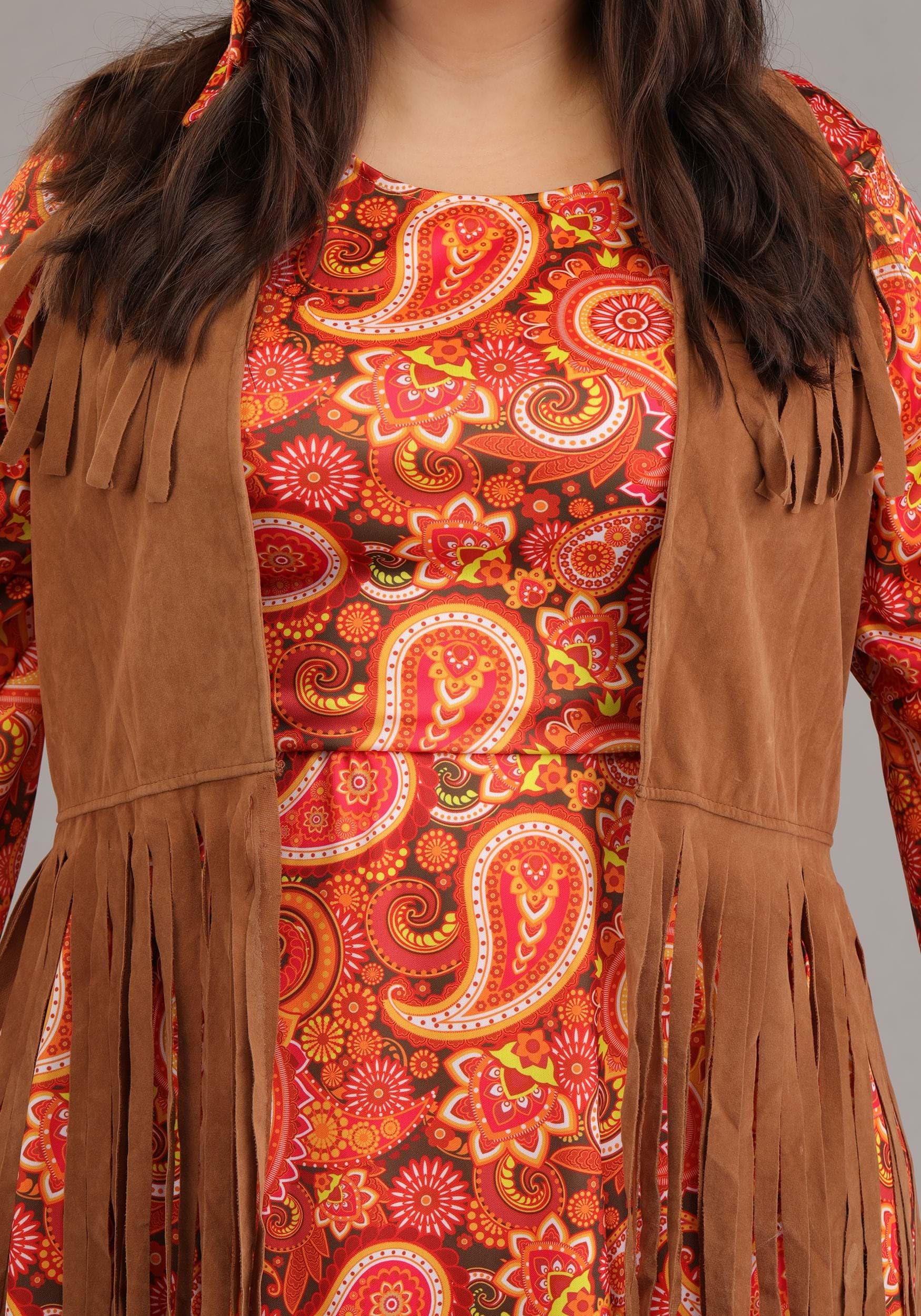 Plus Size Women's 70s Hippie Costume Set - Retro Disco Dress with Fringe Vest, Boot Covers & Headband for Halloween, Theme Parties & Cosplay