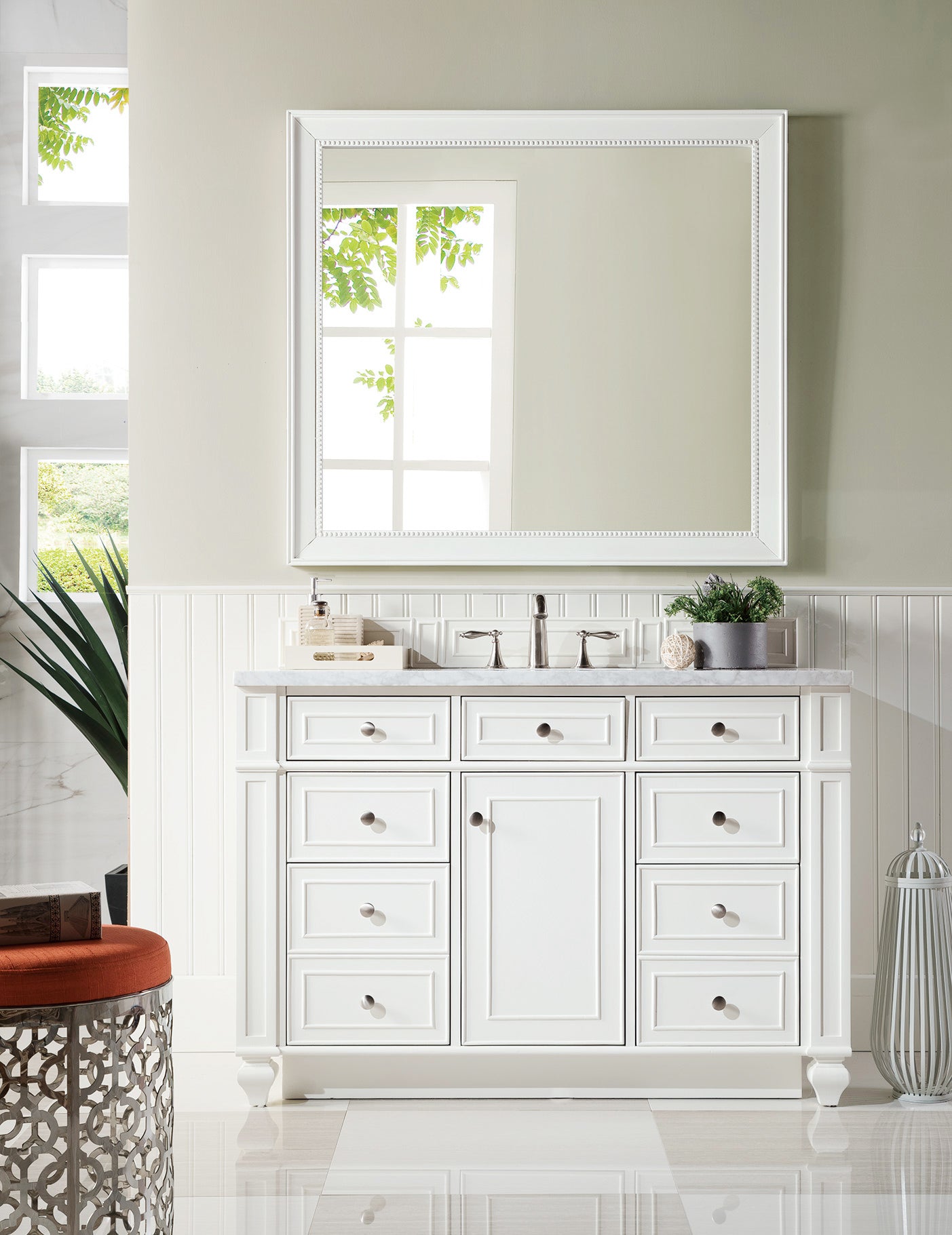Bristol 48 Inch Single Bathroom Vanity Set with 3CM Carrara Marble Top in Bright White - Perfect for Modern Master Bathrooms & Powder Rooms