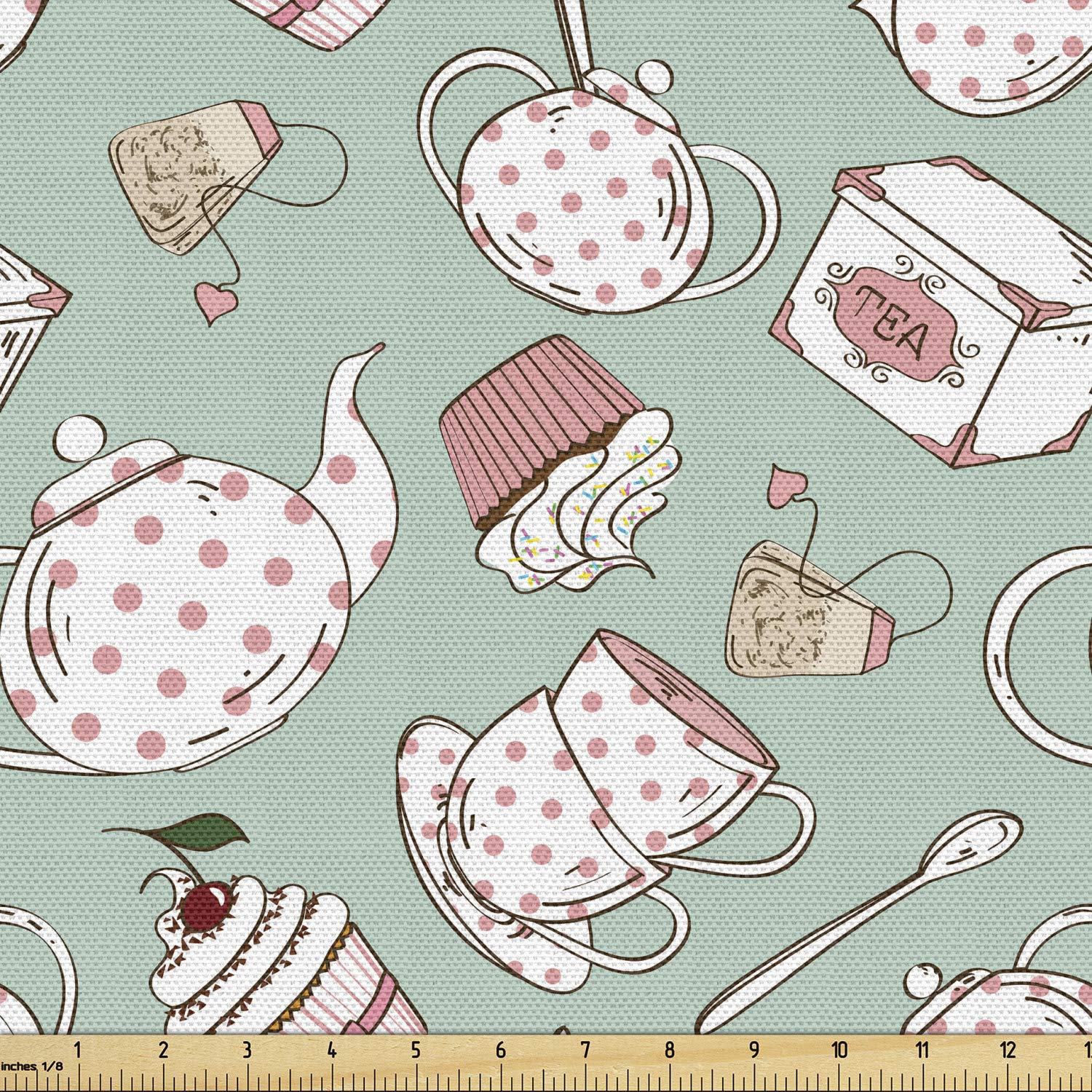 Ambesonne Tea Party Fabric by The Yard - Polka Dot Teapot & Cupcake Print Upholstery Material (10 Yards, Green Coral) | Perfect for DIY Home Decor, Table Runners, Curtains & Craft Projects