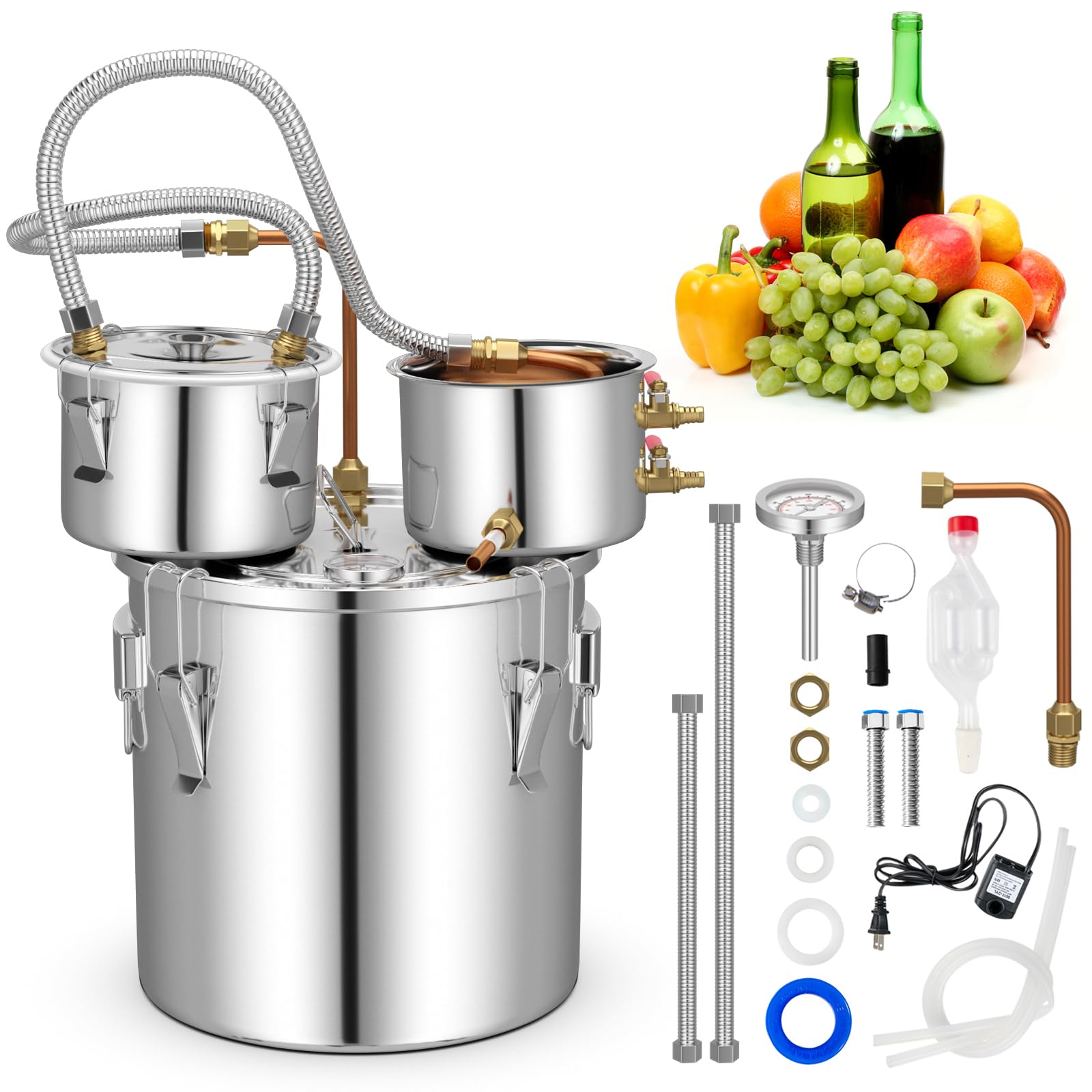 COSTWAY 5 Gal/22L Alcohol Still Home Brewing Distillery Kit - 3 Stainless Steel Pots, Circulating Pump, Built-in Thermometer & Copper Tube - Whisky Wine Brandy Distiller for Home Use, DIY Spirits & Craft Brewing (Perfect for Moonshine, Vodka, Gin Making)