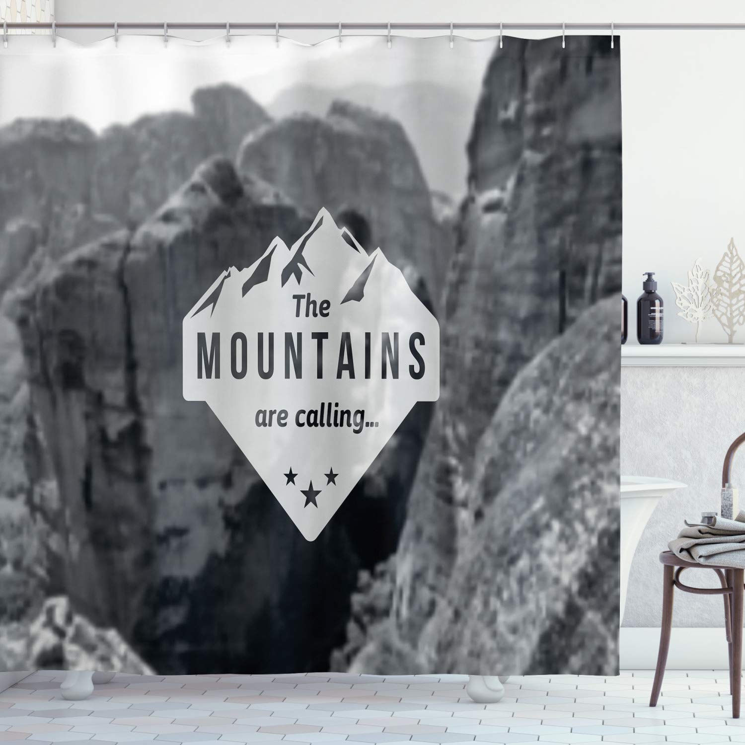 Ambesonne Adventure Shower Curtain - Mountain Landscape Art Print with Inspirational Quote, 69x70 Inch Grey Fabric Bathroom Decor Set with Hooks - Perfect for Nature Lovers' Bathroom & Cabin Retreats