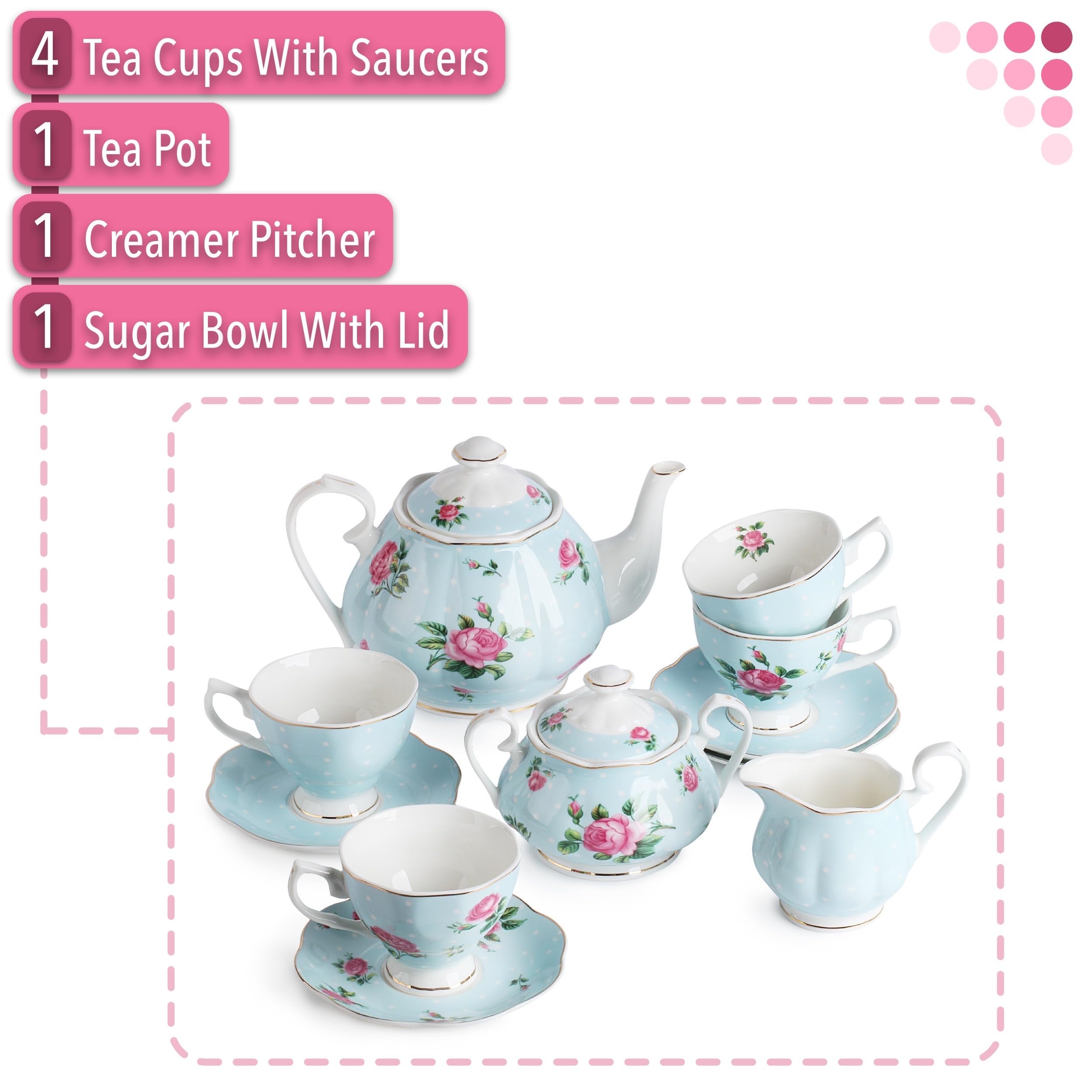 BTaT Floral Tea Set - 8oz Tea Cups, 38oz Teapot, Creamer & Sugar Bowl - Elegant Porcelain Tea Set for Adults (4-Piece) - Perfect for Afternoon Tea, Bridal Showers & Home Decor