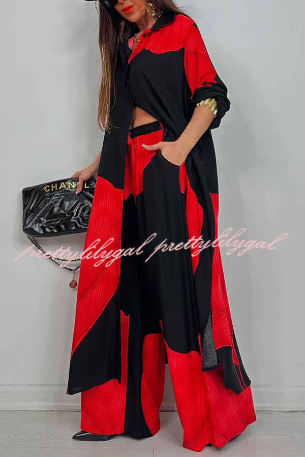 Stylish Printed Casual Loose Long Shirt & Elastic Waist Pocket Wide Leg Pants Set - Women's Comfortable Outfit for Work, Travel and Daily Wear