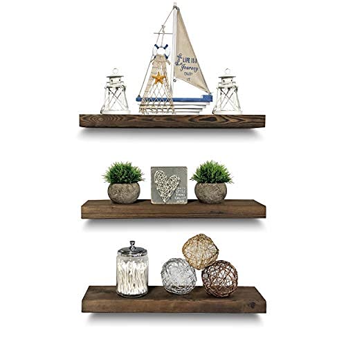 Rustic Farmhouse 3-Tier Floating Wood Shelf Set - Solid Hardwood Wall Shelves with Hardware Included (Walnut, 20