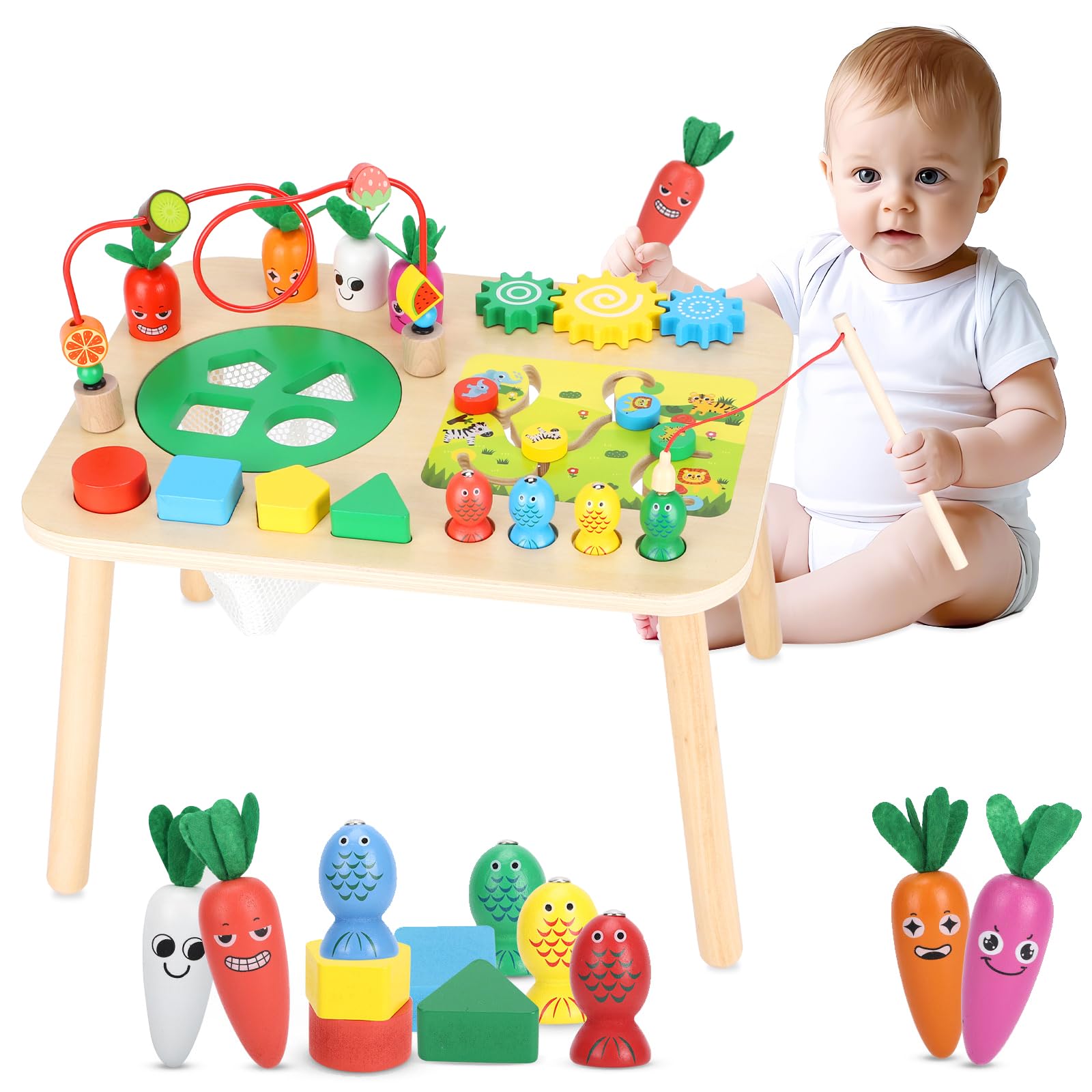 7-in-1 Wooden Montessori Activity Table for Toddlers 1-3 Years Old - Sensory Learning Toy with Music & Games - Perfect First Birthday Gift for Boys & Girls - Ideal for Playroom, Daycare & Early Childhood Development