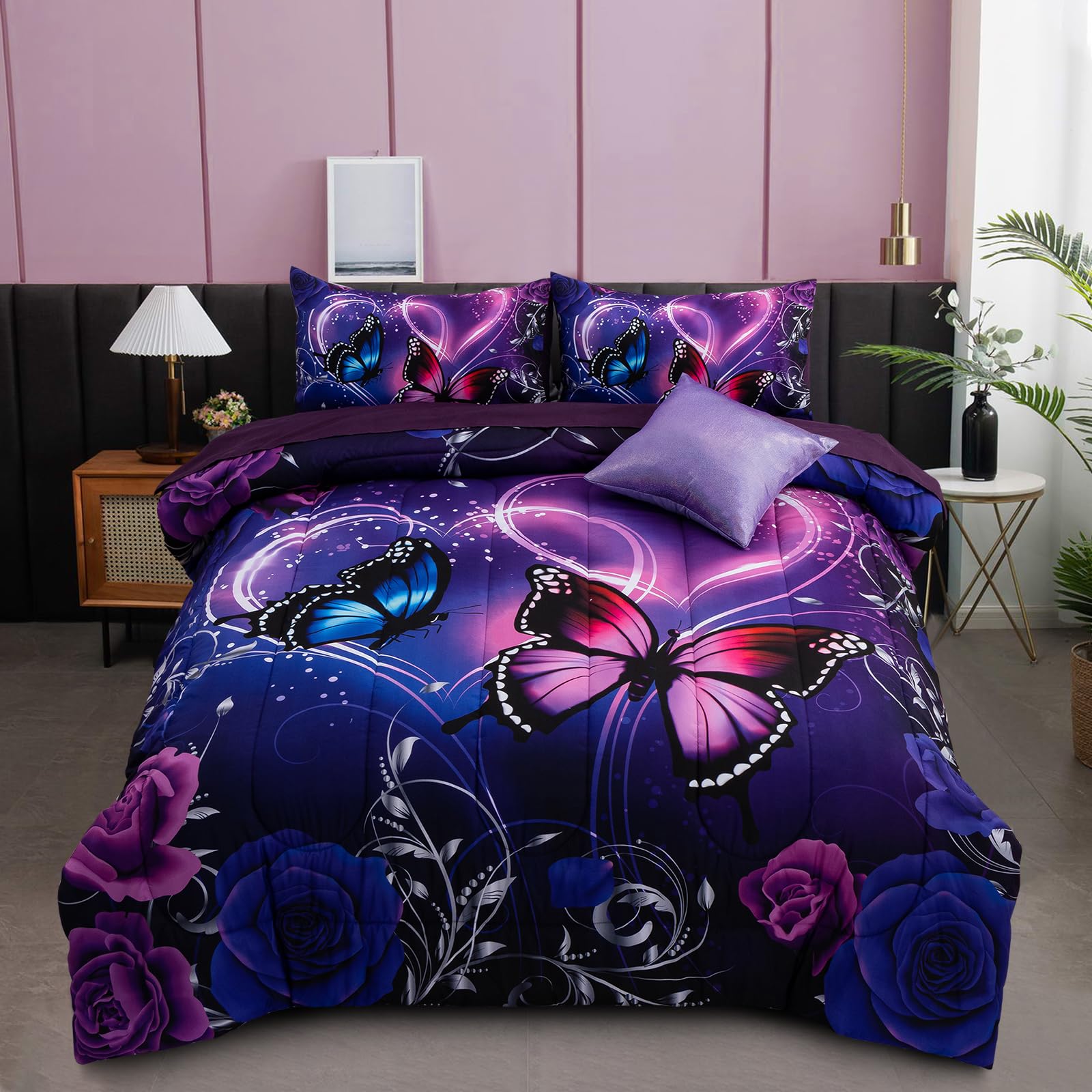 6pcs Galaxy Butterfly Bed in a Bag Set - Purple & Blue 3D Printed Twin Comforter for Girls, Kids & Teens | Dreamy Space Themed Bedding for Kids' Rooms & Sleepovers