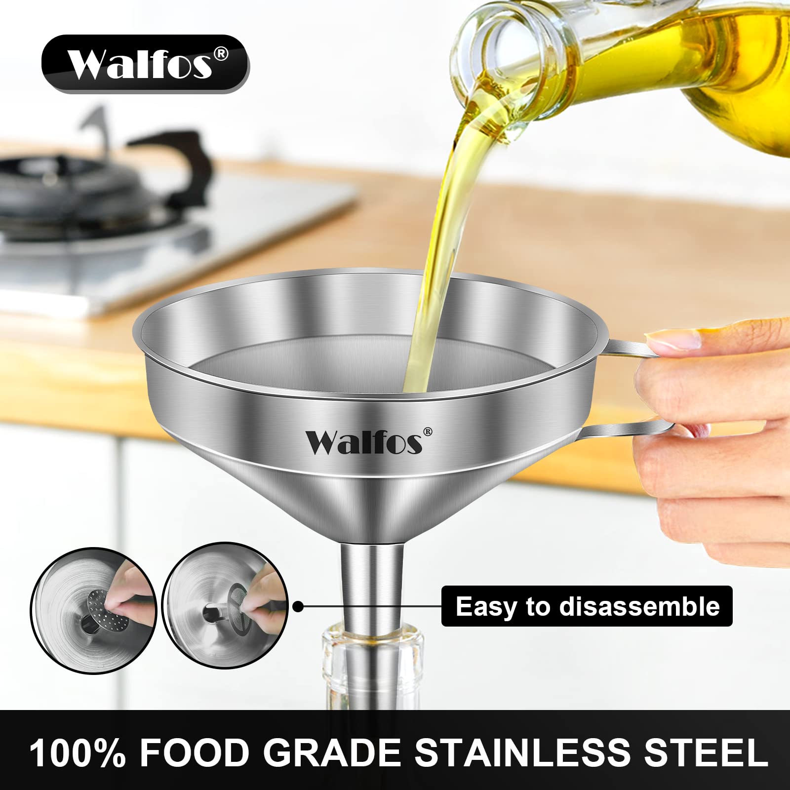 Premium Stainless Steel Kitchen Funnel with 2 Removable Strainers & Cleaning Brush - Ideal for Liquids, Oils, Jam, Dry Ingredients & Powder Transfer (4.9