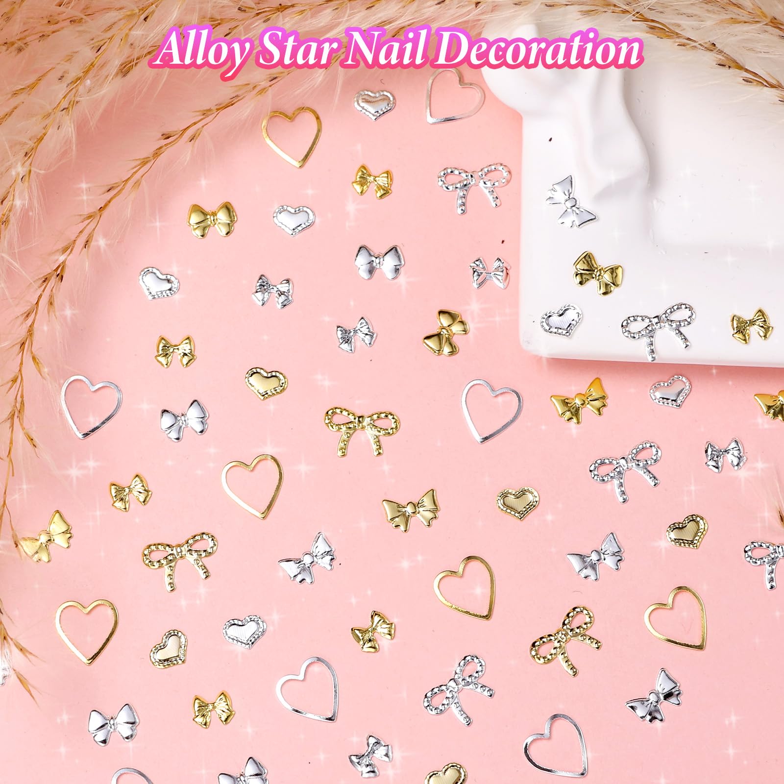 Gold Silver Bow & Heart Nail Charms - Hollow Bowknot Metal Rivet Nail Art Studs for DIY Decoration - Perfect for Nail Art, Manicures, and Creative Nail Designs (100pcs)